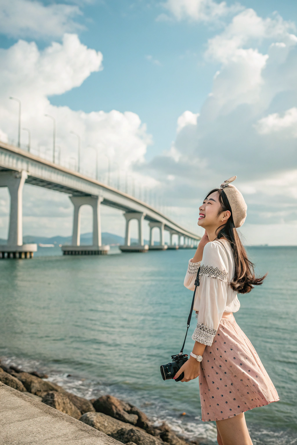 AI generated image by Red Panda AI: ผู้หญิงสาวสวย เอเชีย เกาหลี น่ารัก ที่ทะเล มีสะพาน