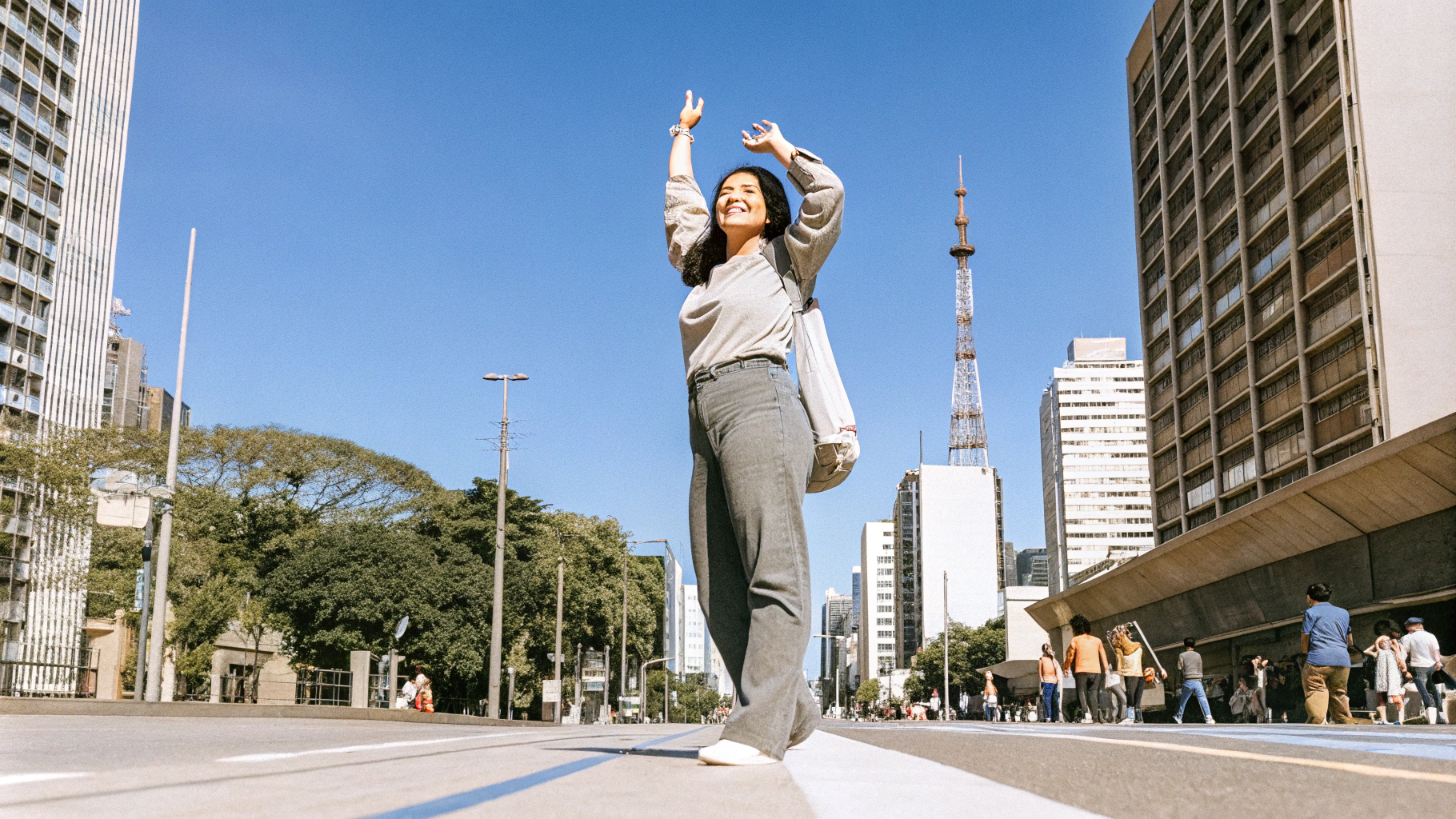 AI generated image by Red Panda AI: a happy woman in avenida Paulista in São Paulo