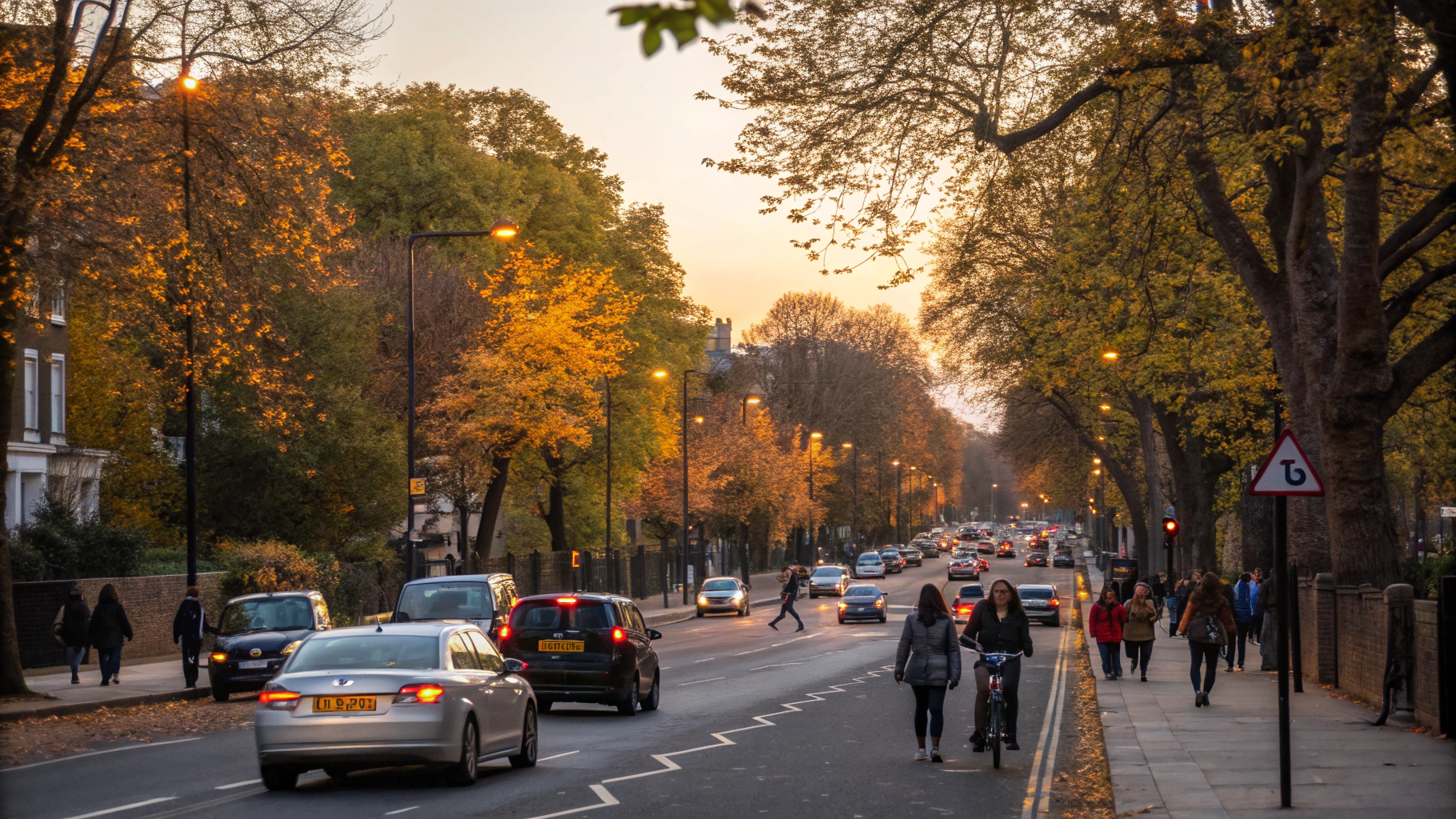AI generated image by Red Panda AI: Mildmay Grove South, London N1 - evening rush hour traffic in the Autumn