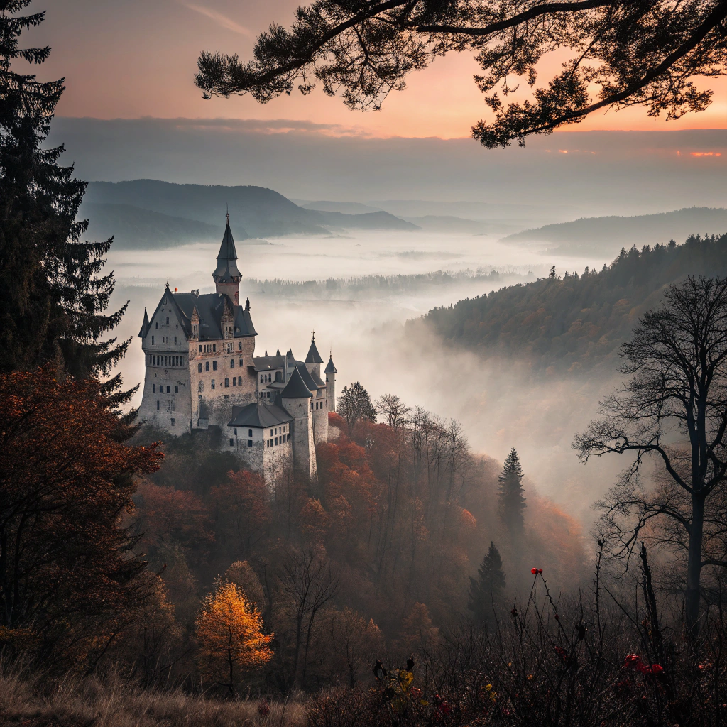 AI generated image by Red Panda AI: retro, 16-bit style, medieval, pixelated, grainy, hazy, castle, shrouded in fog, colorful, dusk, autumn, expansive, dark forest, weathered, powerful
