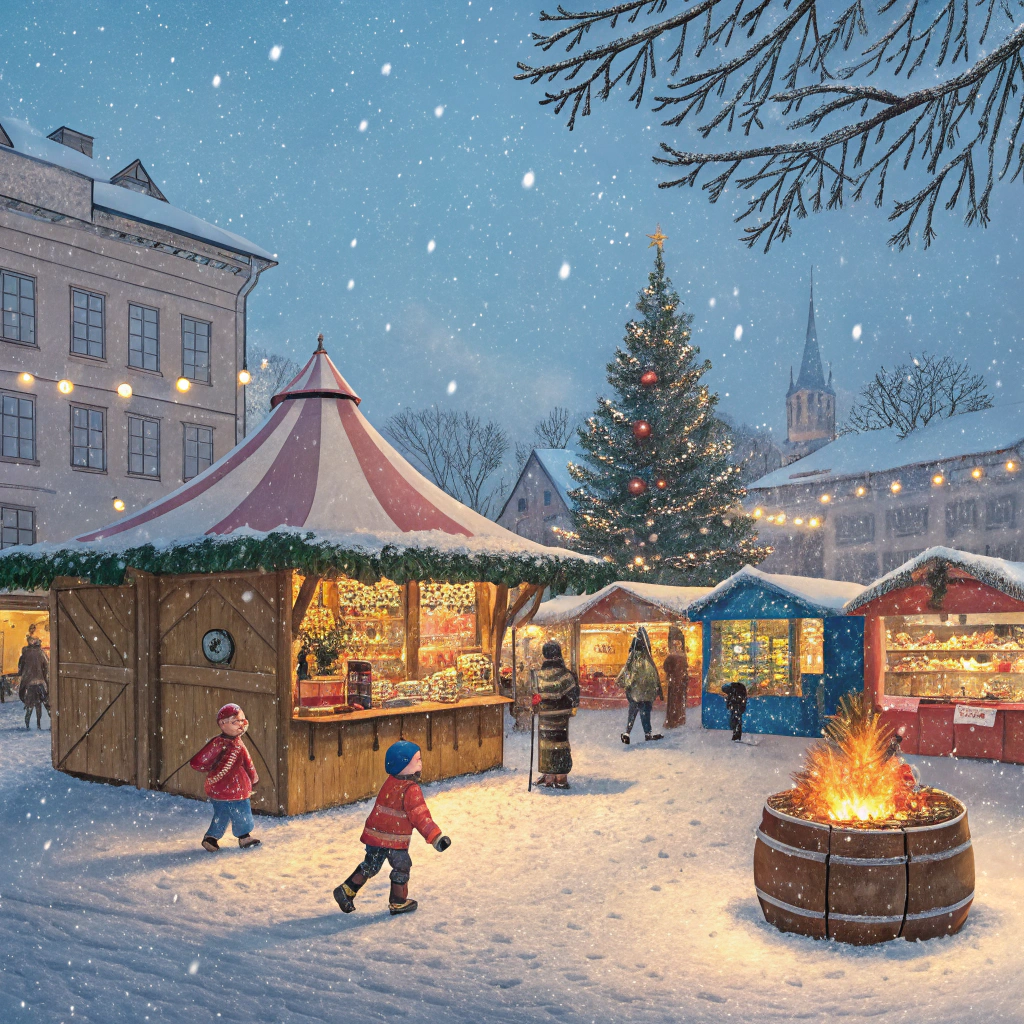 AI generated image by Red Panda AI: outdoor Christmas market with stalls and a tent with tambourines. snow is falling and children are playing around the fire