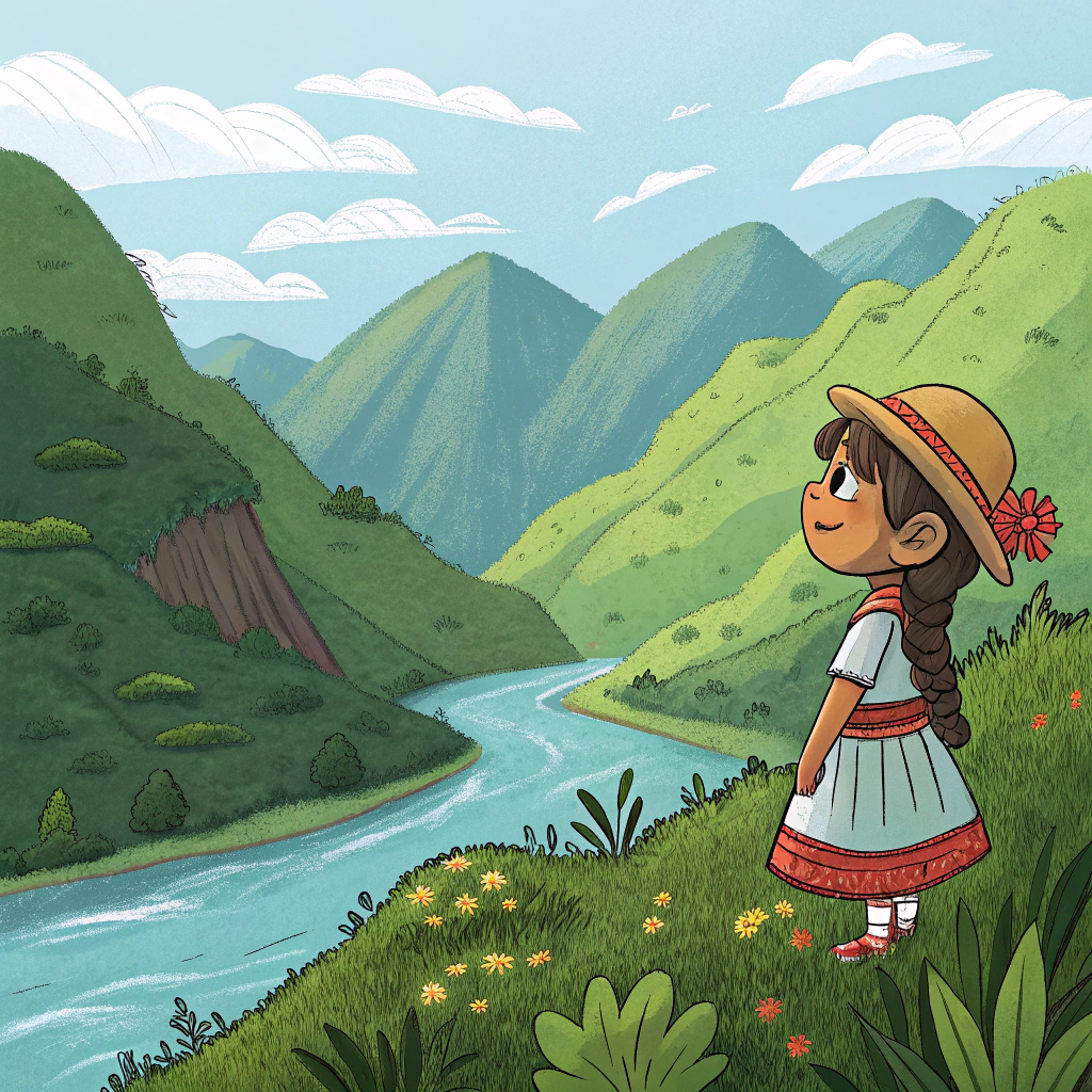 AI generated image by Red Panda AI: En las alturas verdes de los Andes, cerca del río Mantaro, vivía una niña muy especial. Todos en la comunidad la llamaban Ñusta, la ñusta es una niña con caracteristicas andinas
