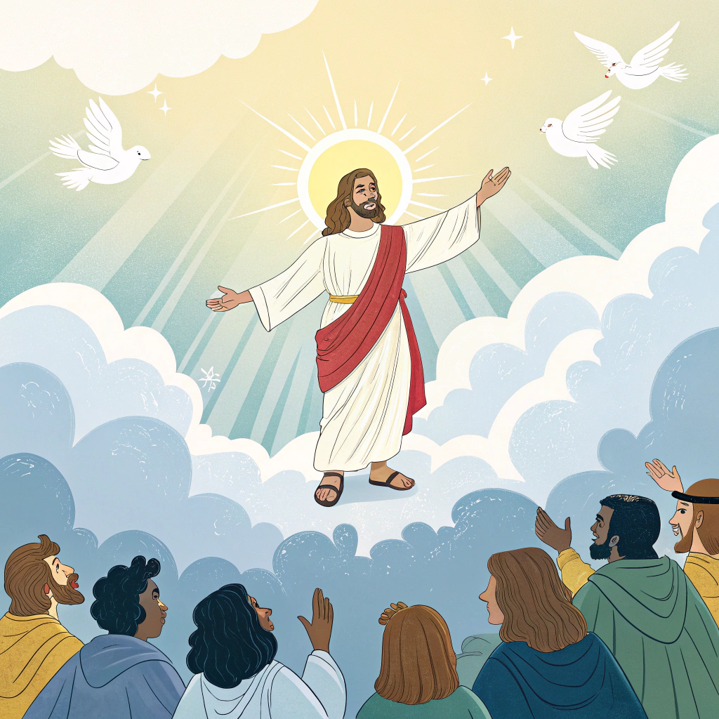 AI generated image by Red Panda AI: Jésus in all IS magnificient. Colorful scène WE Can feel IS love and power. Angles around. Jésus IS in the middle of thé Sky. 
