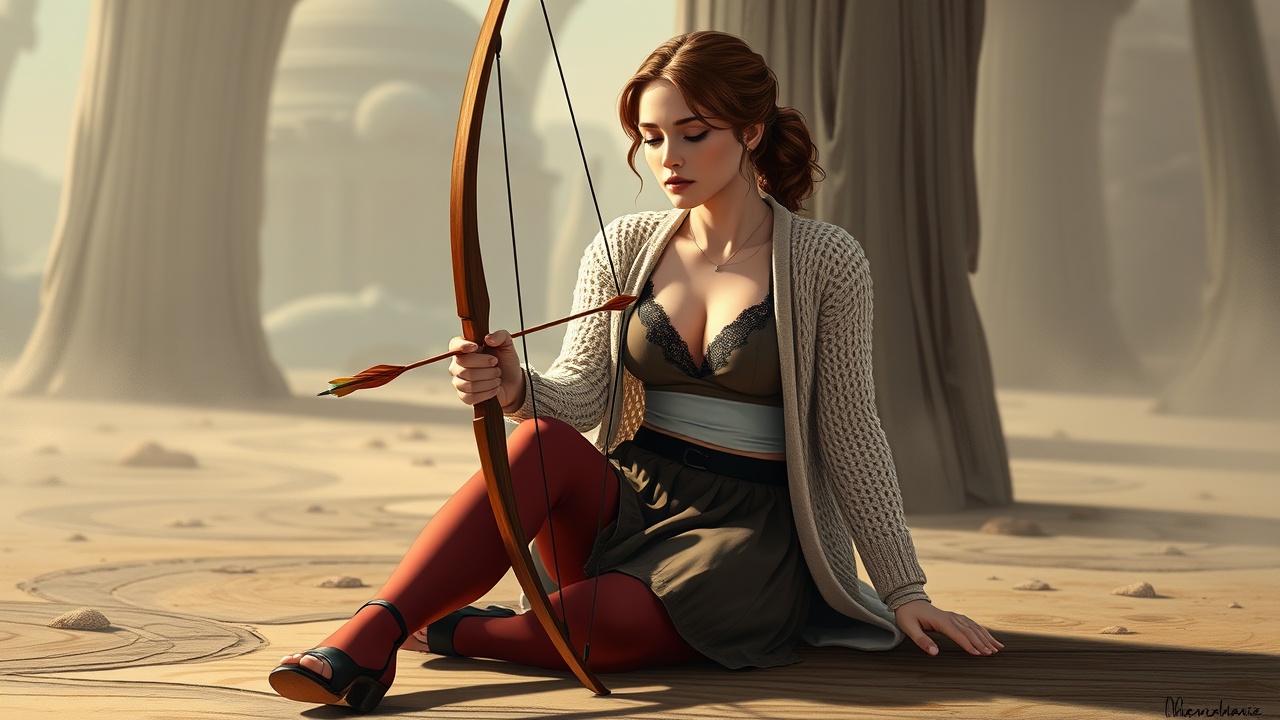 AI generated image by FLUX.1-schnell: Three suddenly. Suddenly saw (heard). Sudden retrieval (storage). Suddenly used (implemented). One bow shoots 3 arrows,
The "Hunger Games" series, starring Jennifer Lawrence, tells the story of Katniss Everdeen's fight for survival in a dystopian society. She is a brave and strong woman who is good at bow and arrow and hunting.
The woman is seated wearing Knitted Women's Lightweight Cardigan For UV Protection, Lace Padded Triangle Bralette Chai, Women's Plain Color Short Bubble Skirt, Fashionable, Women's Velvet Tights, Super Elastic, Women's Mesh Panel Stiletto Heeled Ankle Strap Sandals, which zips up to her navel.
Female model pose shows rich emotional body movements,
The drawing style that shapes the atmosphere of a movie scene in a certain script segment presents real characters, while the background scene environment is randomly used to create a paper sculpture effect using sketch, animation, 3D cartoon illustration vector, or paper-cut clay.