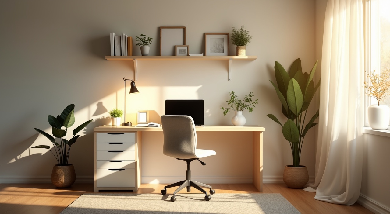 AI generated image by FLUX.1-pro: Capture a dramatic portrait of a realistic 8k photograph of a serene, minimalist home office with neutral colors and simple decor, wall shelves, a modern desk with built-in drawers, a wall-mounted bookshelf, a laptop, wooden flooring, a few frames on the wall, and a functional ergonomic chair with a minimalist design. Use appropriate lighting to create a serene atmosphere. Utilize a combination of natural and artificial light to create a balanced and calm environment, with a few plants placed against a backdrop of a white translucent fabric curtain, gently swaying in the breeze. The warm golden morning light floods the space through the window, conveying a sense of calm and tranquility, with the subtle gleam of a morning sunbeam highlighting the subtle textures of the furniture and decor, while the surrounding walls remain in a soft, creamy white, creating a sense of lightness and simplicity. The entire scene is captured with a shallow depth of field, drawing the viewer’s attention to the soft, diffused light and the welcoming atmosphere of the environment. A neutral color palette is a characteristic of minimalist design. Opt for soft and calming colors like white, beige, and gray. These colors create a sense of tranquility. Avoid bright and bold colors that can be visually overwhelming. Choose decor and accessories that have a purpose and contribute to the overall style. Opt for a few well-chosen pieces, such as a stylish lamp. Avoid cluttering the space with too many decorative items. Use a Canon EOS 5D Mark IV with an 85mm f/1.2L lens and Ilford HP5 Plus 400 film for a soft and cinematic effect. Set the aperture to f/1.2 to create a shallow depth of field, blurring the background. Use soft, diffused lighting with a single main light entering through the window, creating soft shadows that enhance the lines and textures of the furniture.