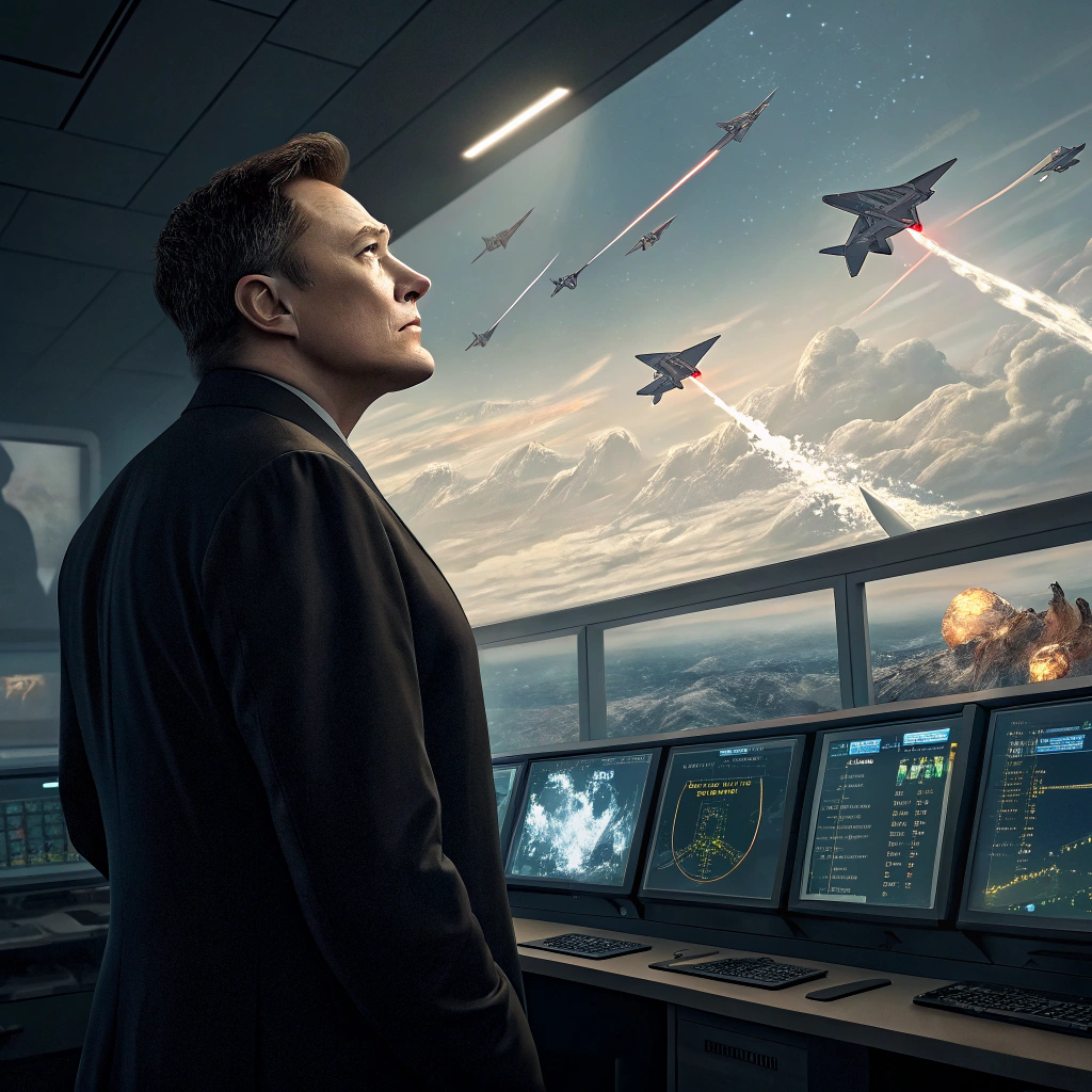 AI generated image by Red Panda AI: Elon Musk controlled a swarm of artificial intelligence drones to fight against the F35 and successfully shot it down.