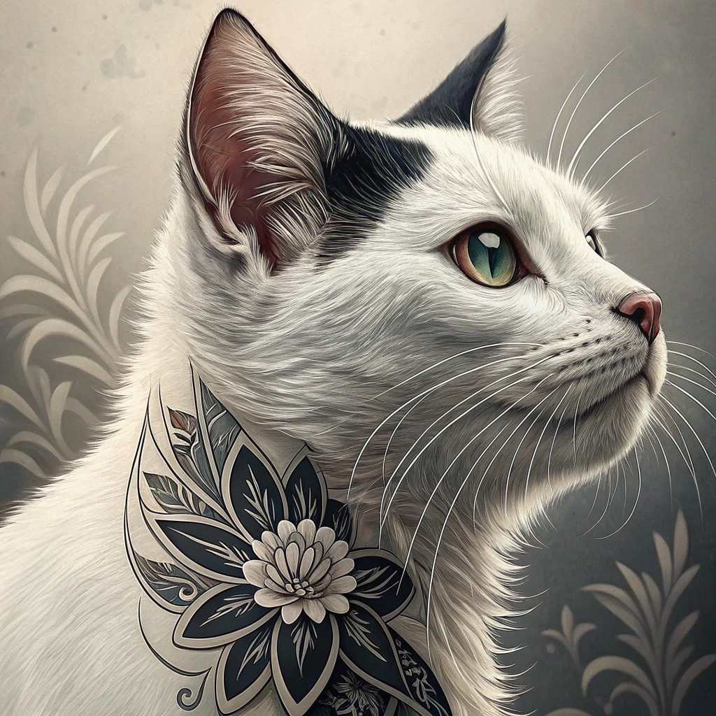 AI generated image by Red Panda AI: White cat with a black spot in between his ears, traditional tattoo, black and grey, flash design, 