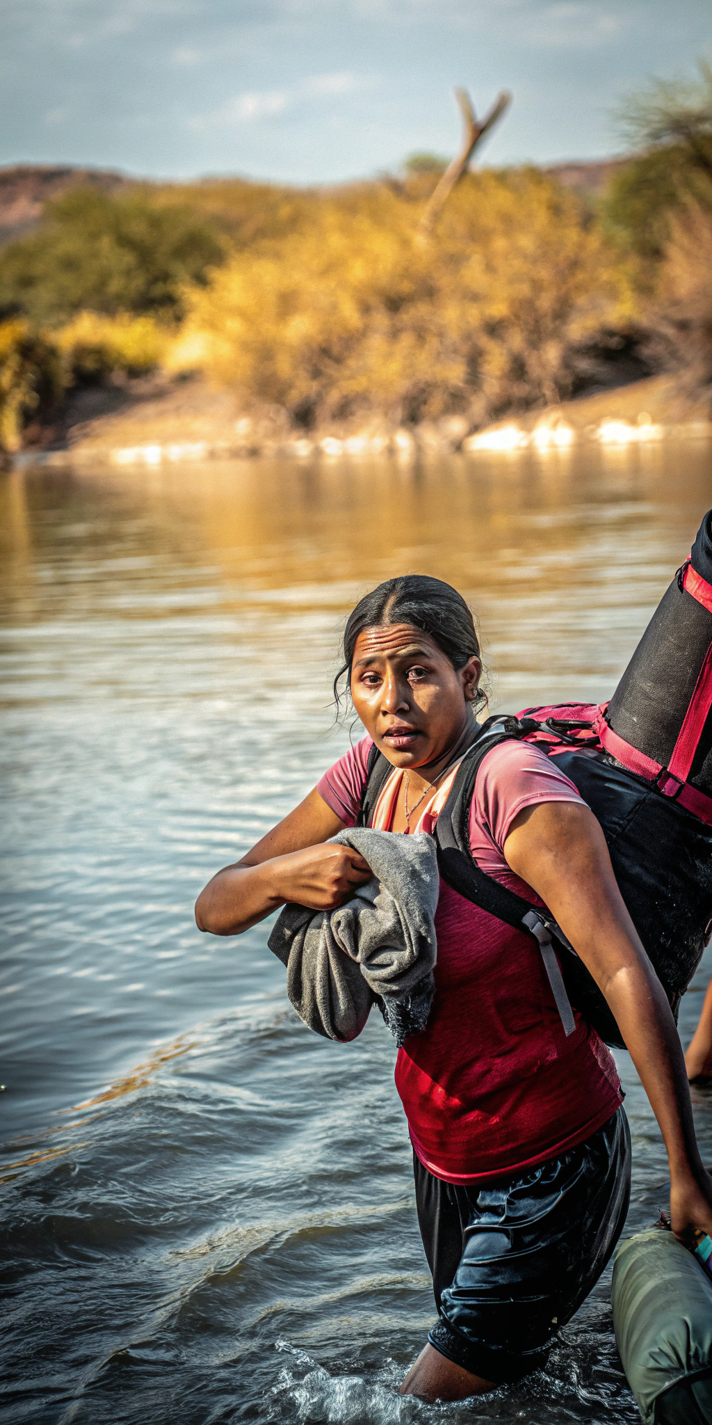AI generated image by Red Panda AI: a young  woman emigrant, crossing the border through the Rio Grande, to USA