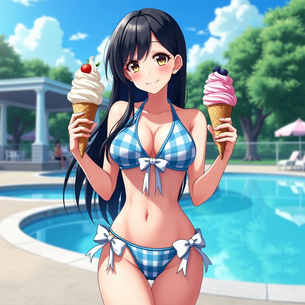 AI generated image by FLUX.1-pro: A beautiful young woman standing by an outdoor swimming pool on a sunny day, wearing a stylish blue-and-white checkered bikini with white bows on the chest and waist. She has long black hair and a slim, athletic figure. She holds two large ice cream cones with whipped cream and fruit toppings in each hand, smiling sweetly. The background features a clear blue sky, green trees, and poolside structures, creating a bright and summery atmosphere. Render this in a detailed, high-definition anime style, emphasizing the vibrant colors, her playful expression, and the intricate design of her swimwear.