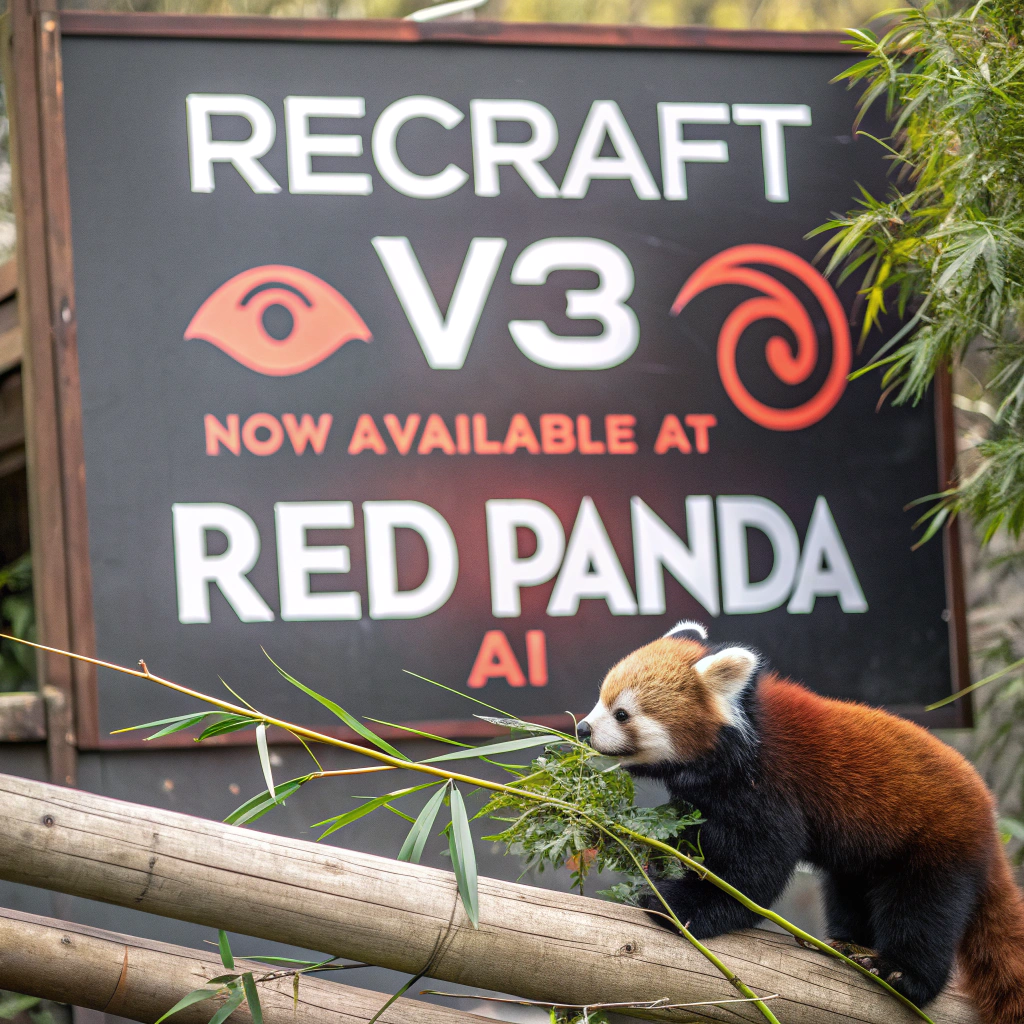 AI generated image by Red Panda AI: a red panda eating a bamboo in front of a poster that says "recraft V3 now available at red panda ai