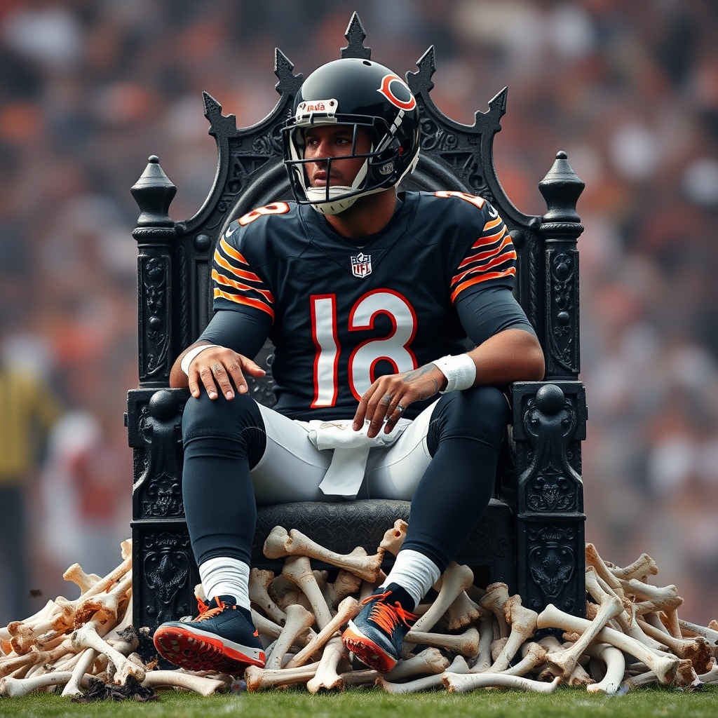 AI generated image by FLUX.1-schnell: Bears QB Caleb Williams sitting on the NFC north throne atop the bones of his opponents.