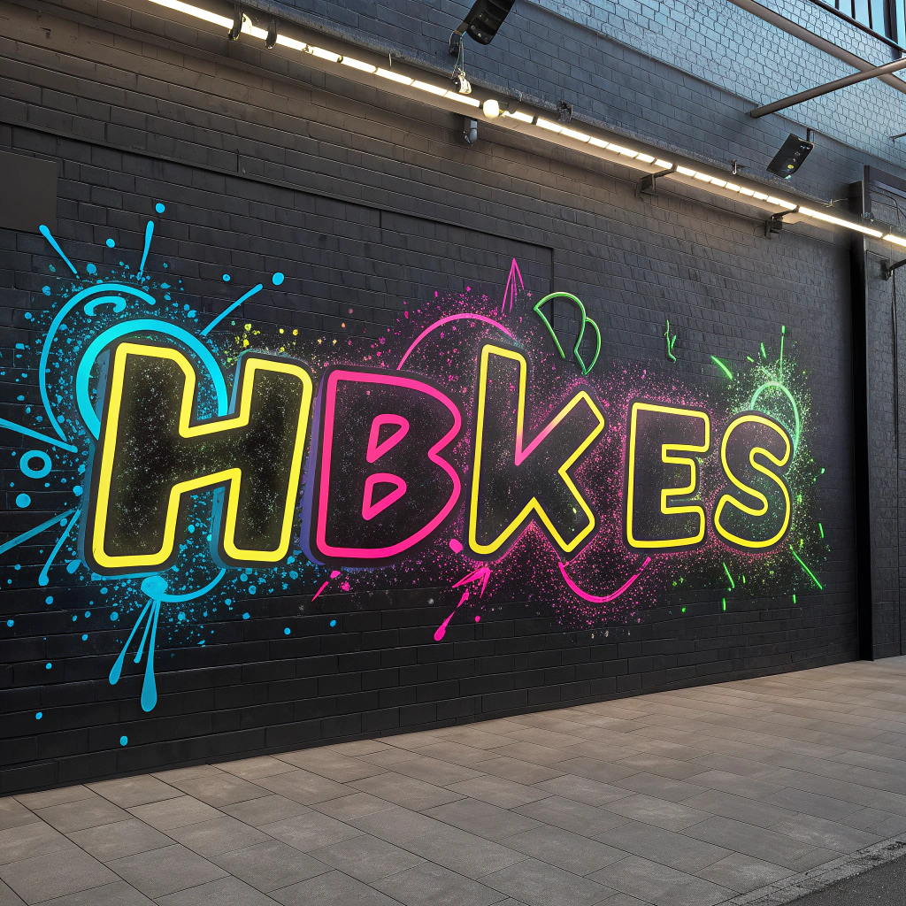 AI generated image by Red Panda AI: A captivating three-dimensional illustration of the name "HBIKES" in bold graffiti-inspired neon font. The name shines vividly against the sleek black background, with energetic splashes and drops of paint in shades of electric blue, fuchsia, yellow and green. The intricate details and depth of the illustration showcase the artist's exceptional skills, immersing the viewer in the culture of urban street art. 3D rendering adds a dynamic dimension to the vibrant illustration, making it a visually stunning and impactful piece perfect for street art-inspired projects. Typographic artistic photo shows the depth and texture of the 3D rendering, creating a truly captivating design., 3D rendering, photo, illustration, vibrant, typography