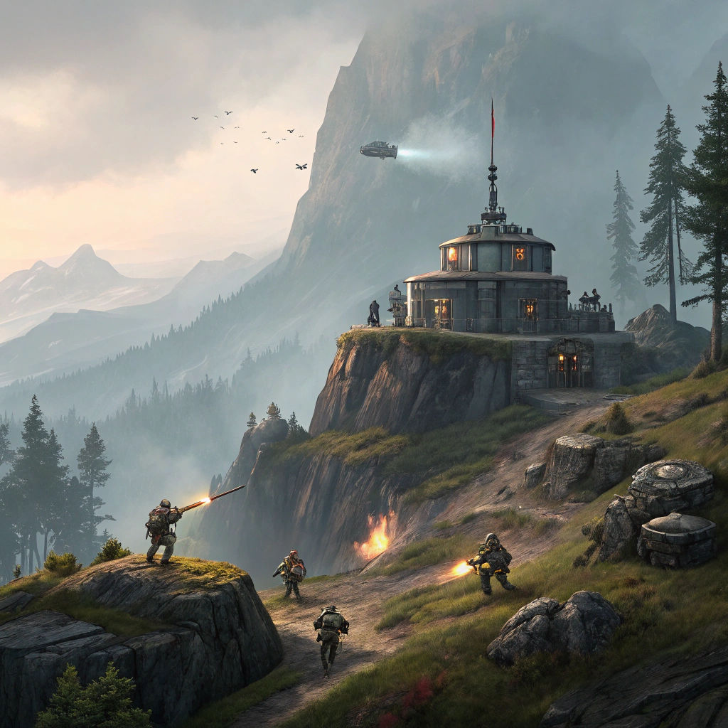 AI generated image by Red Panda AI: generate a scene from helldivers 2 game, where you are protecting a strategic base on the mountain, using anti tank artillery , while the bugs are crawling to your base from downhill make it accurate 