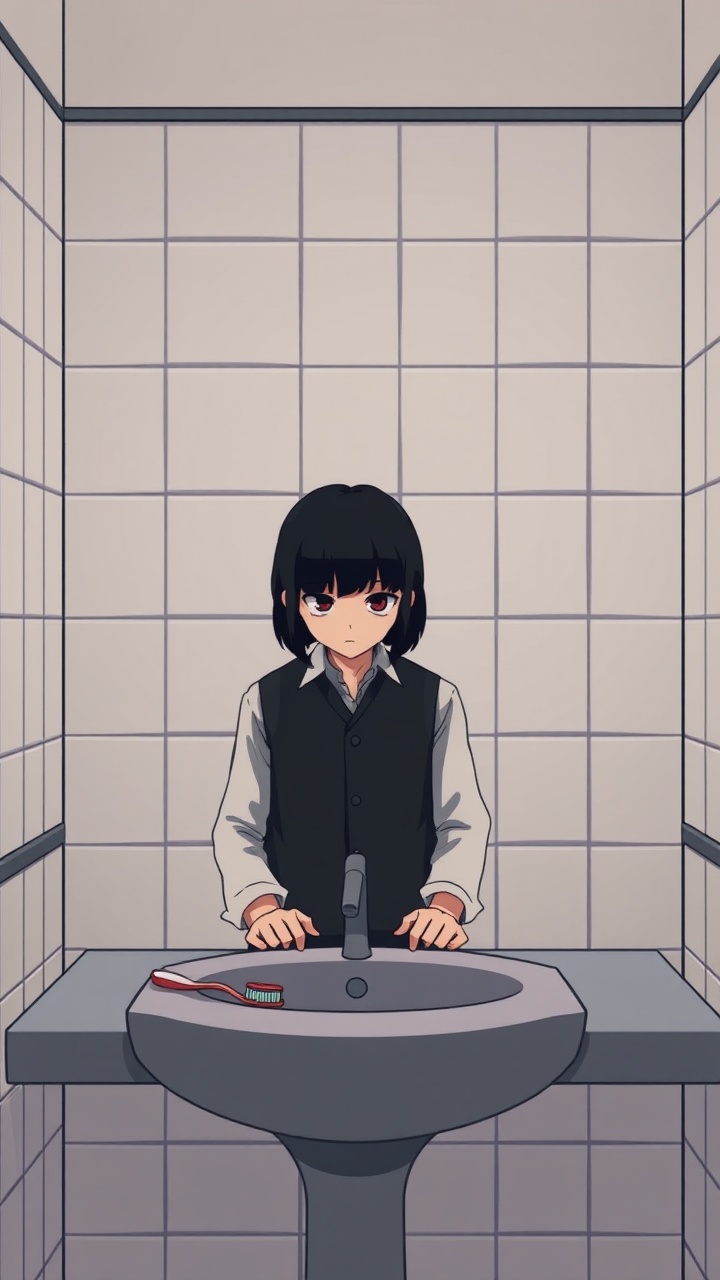 AI generated image by FLUX.1-schnell: Omocat's omori game artstyle, The image depicts a young person standing behind a bathroom sink, their expression somber. Their dark hair is neatly styled, and they are dressed in a white shirt with a dark vest. The tiled walls behind them are plain and featureless, creating a sense of isolation. The only other elements in the scene are a toothbrush and a glass on the counter, suggesting a routine that the individual may find difficult to engage in. The overall mood of the image is melancholic, hinting at a sense of loneliness or sadness. The subdued colors and minimalist composition further contribute to the somber atmosphere.  The image leaves room for interpretation, inviting viewers to consider the inner thoughts and feelings of the subject.