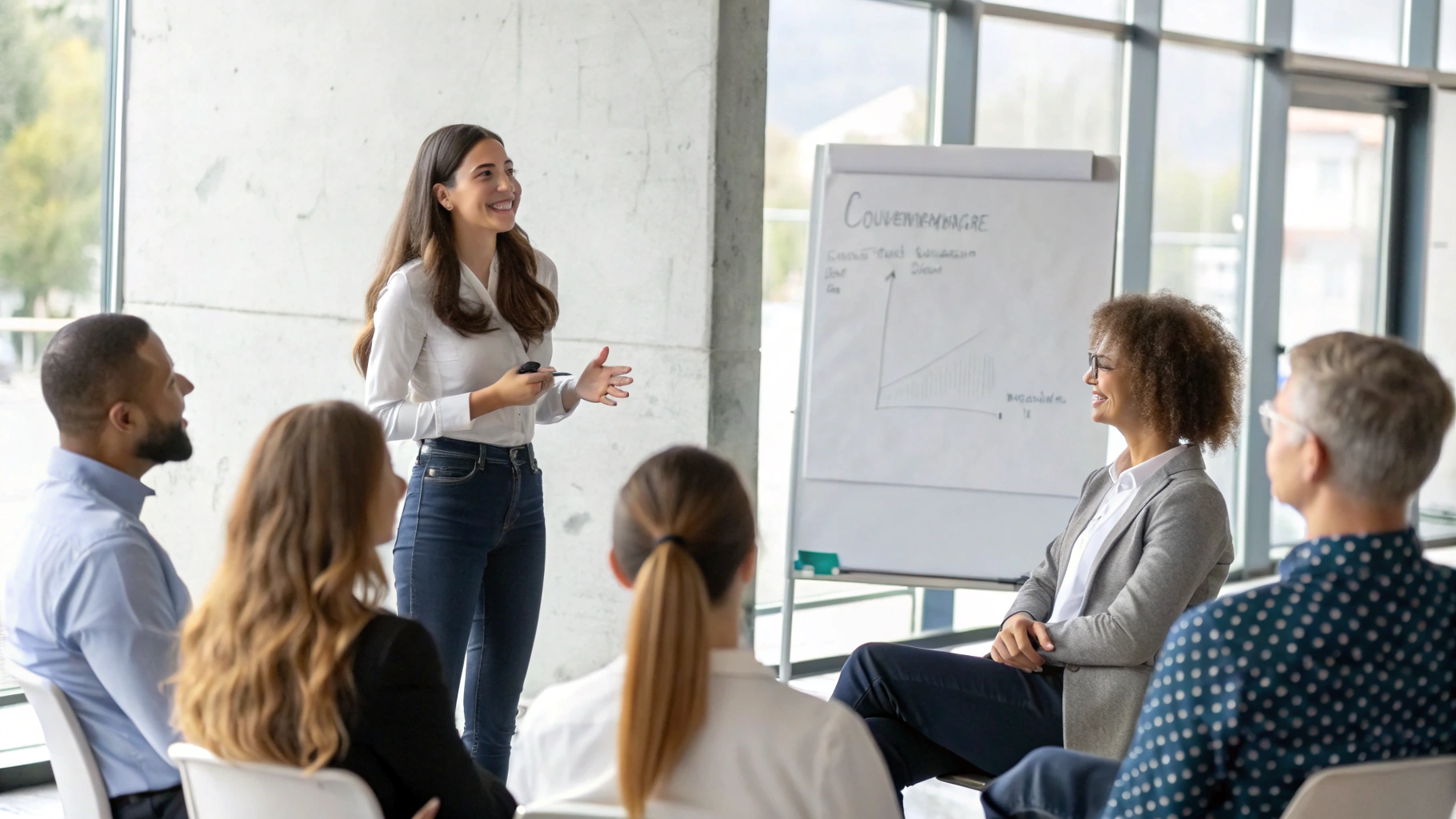 AI generated image by Red Panda AI: A photorealistic image of a communication workshop in a modern, well-lit conference room. A young brunette woman, dressed in smart casual attire, is moderating the session and engaging in a role-play exercise with one of the participants. The participant is an adult, actively interacting with the moderator. The audience, a diverse group of professionals, is seated in a semi-circle, attentively watching and reacting with interest. The atmosphere is dynamic and engaging, with facial expressions and body language reflecting curiosity and participation. The room has a professional yet inviting ambiance, with a large whiteboard or presentation screen in the background. The image is in high resolution, cinematic lighting, and a landscape 16:9 format