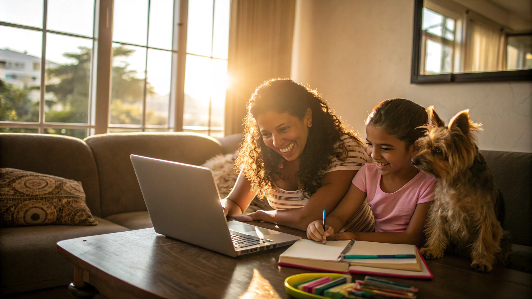 AI generated image by Red Panda AI: A realistic scene of a Brazilian mother and daughter using a laptop for school activities, looking happy, with a Yorkshire dog sitting on the table next to the laptop. The setting is a living room at home, during the late afternoon with sunlight streaming through the window. The photo is taken at eye level with a Canon EOS 5D Mark IV using a wide-angle zoom lens. The lighting is natural, capturing the golden hour, and follows the rule of thirds composition. The overall style is realism.