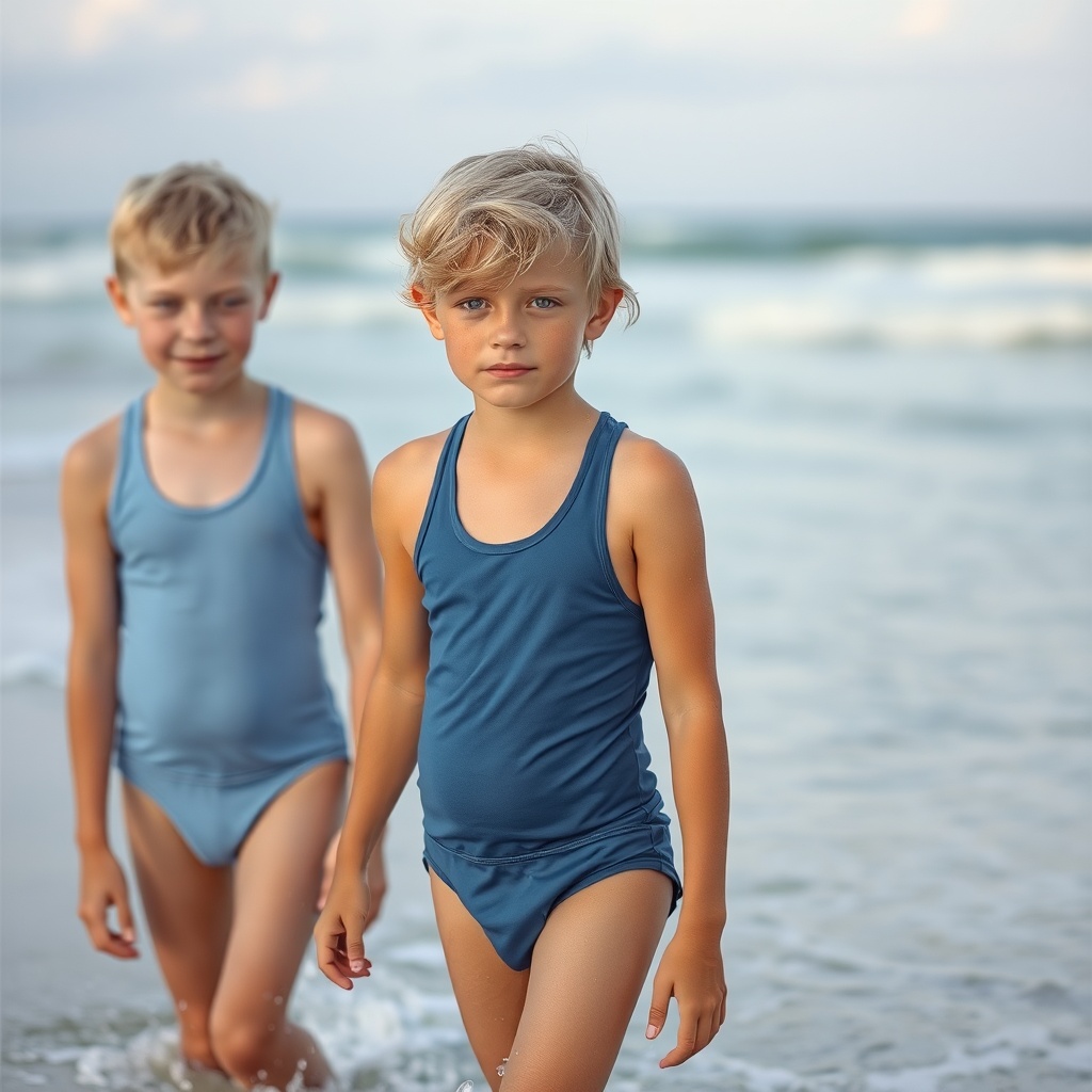 AI generated image by FLUX.1-schnell: deux garçons blond aux yeux bleu de huit ans en maillot de bain se tenant la main sur la plage