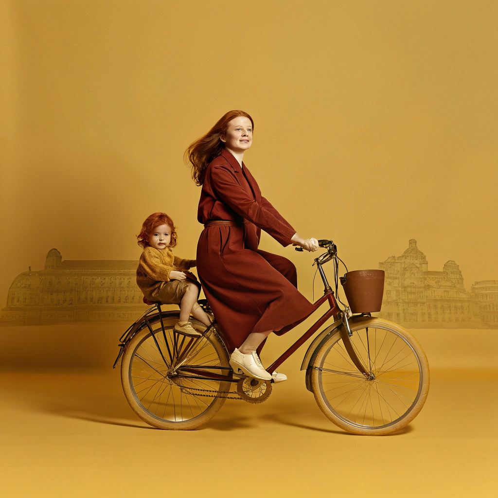 AI generated image by Red Panda AI: femme aristocratique (20 ans, forte et athletic, robe classic rouge, cheveux auburn) et sa fille ( 1an, cheveux auburn) en vélo au vieux-port de montréal