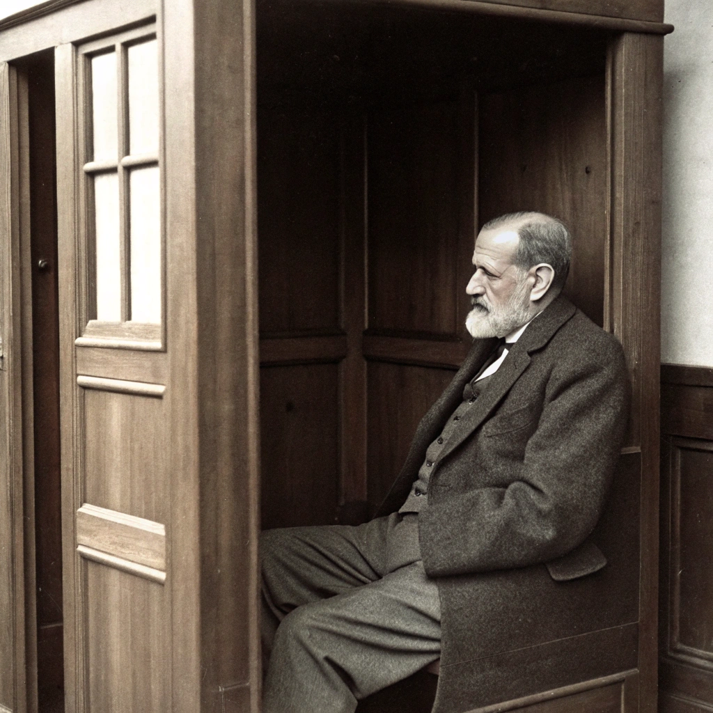 AI generated image by Red Panda AI: Ich brauche ein Bild mit Sigmund Freud in einem Beichtstuhl