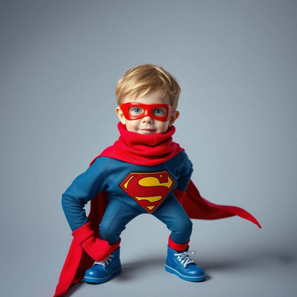 AI generated image by FLUX.1-schnell: garçon blond de douze ans en super héros avec des collants moulants rouge et des chaussures bleu