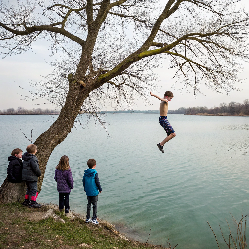 AI generated image by Red Panda AI: Jumping in to the tree
Beside the sea
No leaves in the tree.
Young man jumps 
Downside 7 kids 3 boys 4 girls
Sew water in legs