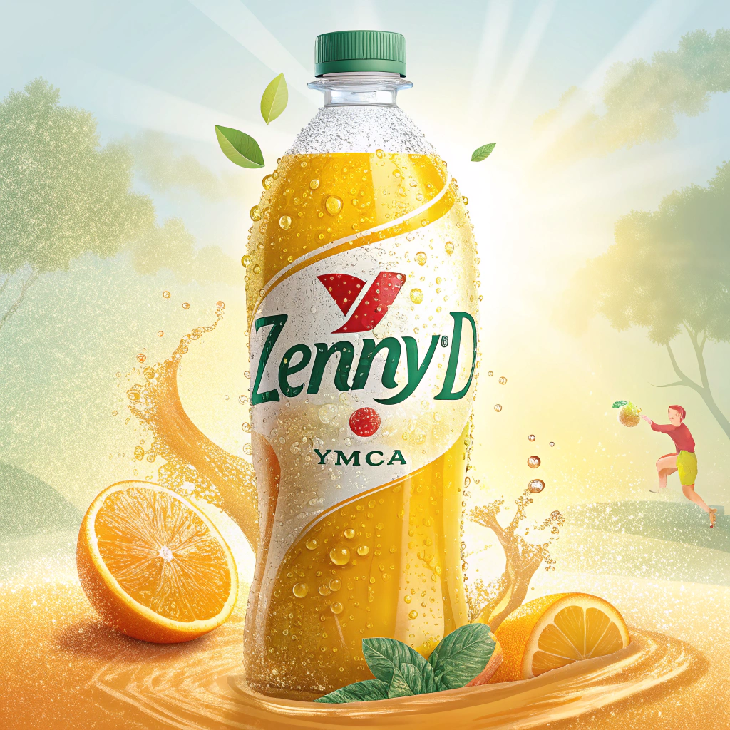 AI generated image by Recraft V3: create a photo like sunny d but it says "ZennyD" and has the YMCA logo for an advertisement of the bottle



