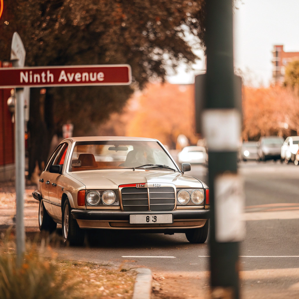 AI generated image by Red Panda AI: On a sunny day, A Mercedes-Benz with license plate number is "UTD 123" is parked at an intersection. Next to the intersection is a road sign that says this is Ninth Avenue.