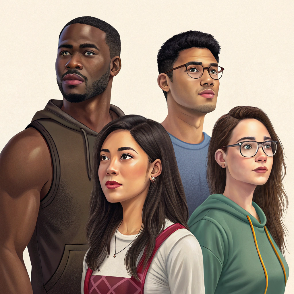 AI generated image by FLUX.1-schnell: a realistic looking group of 4 people
one attractive muscular male in his twenties
one attractive woman in her twenties
one geeky man who looks like a gamer
one geeky but attractive woman who is wearing glasses
This group should be ethically diverse