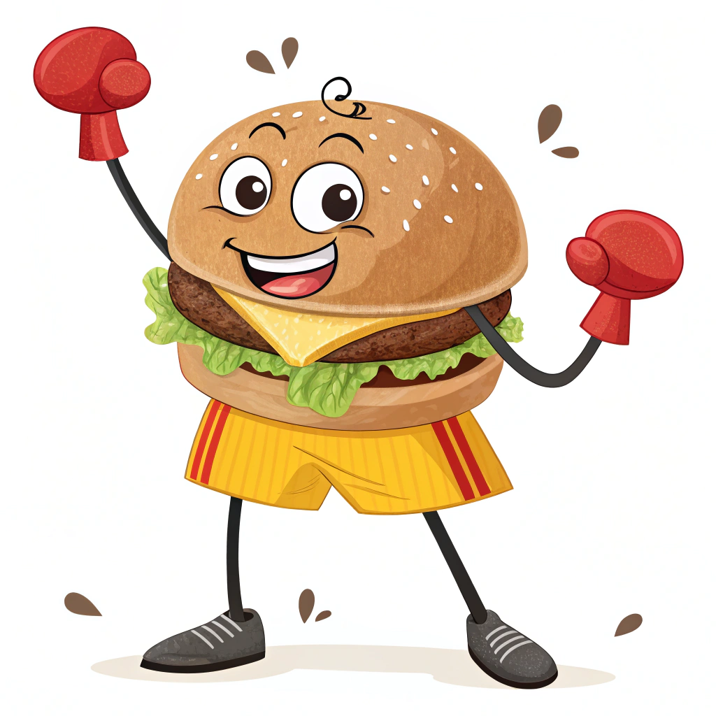 AI generated image by Red Panda AI: smiling cheeseburger looking straight ahead, with skinny black legs, and skinny black arms, wearing red boxing gloves, and wearing yellow shorts with a red stripe, as logo on a plain white background