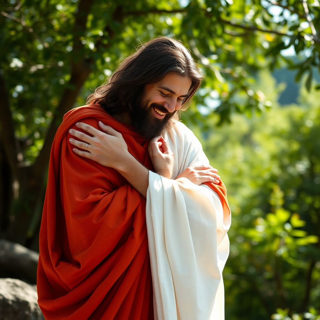 AI generated image by FLUX.1-schnell: Jesus and Gautama hugging, photo realistic, bright outdoors in a natural setting