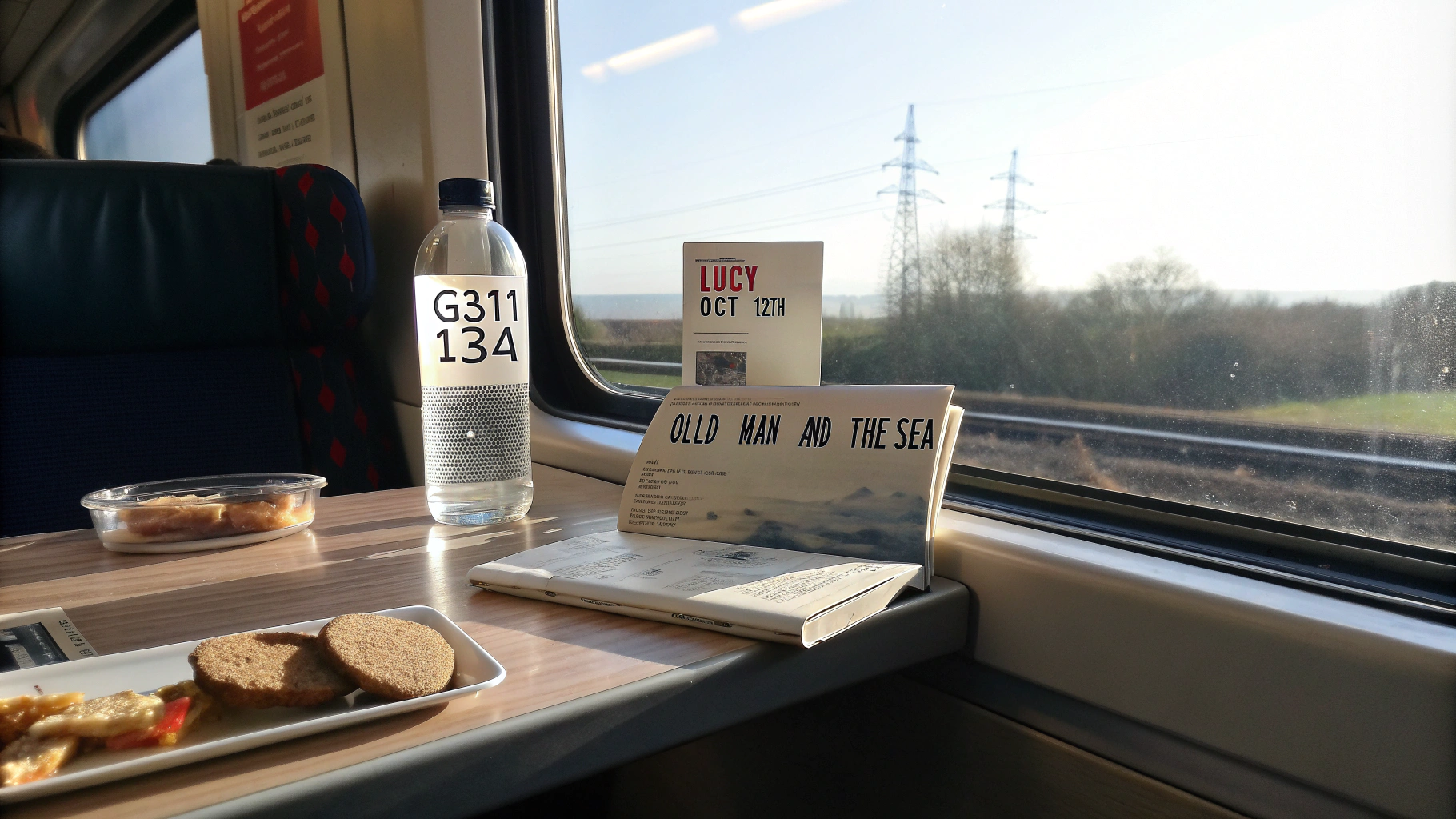 AI generated image by Red Panda AI: A train interior scene with a window seat where a train ticket is placed on the table. The ticket is clearly visible, showing the train number G2311, seat number 13A, passenger's name Lucy, and travel date Oct 12th. The ticket is placed next to the book The Old Man and the Sea, with some light snacks and a bottle of water on the table.