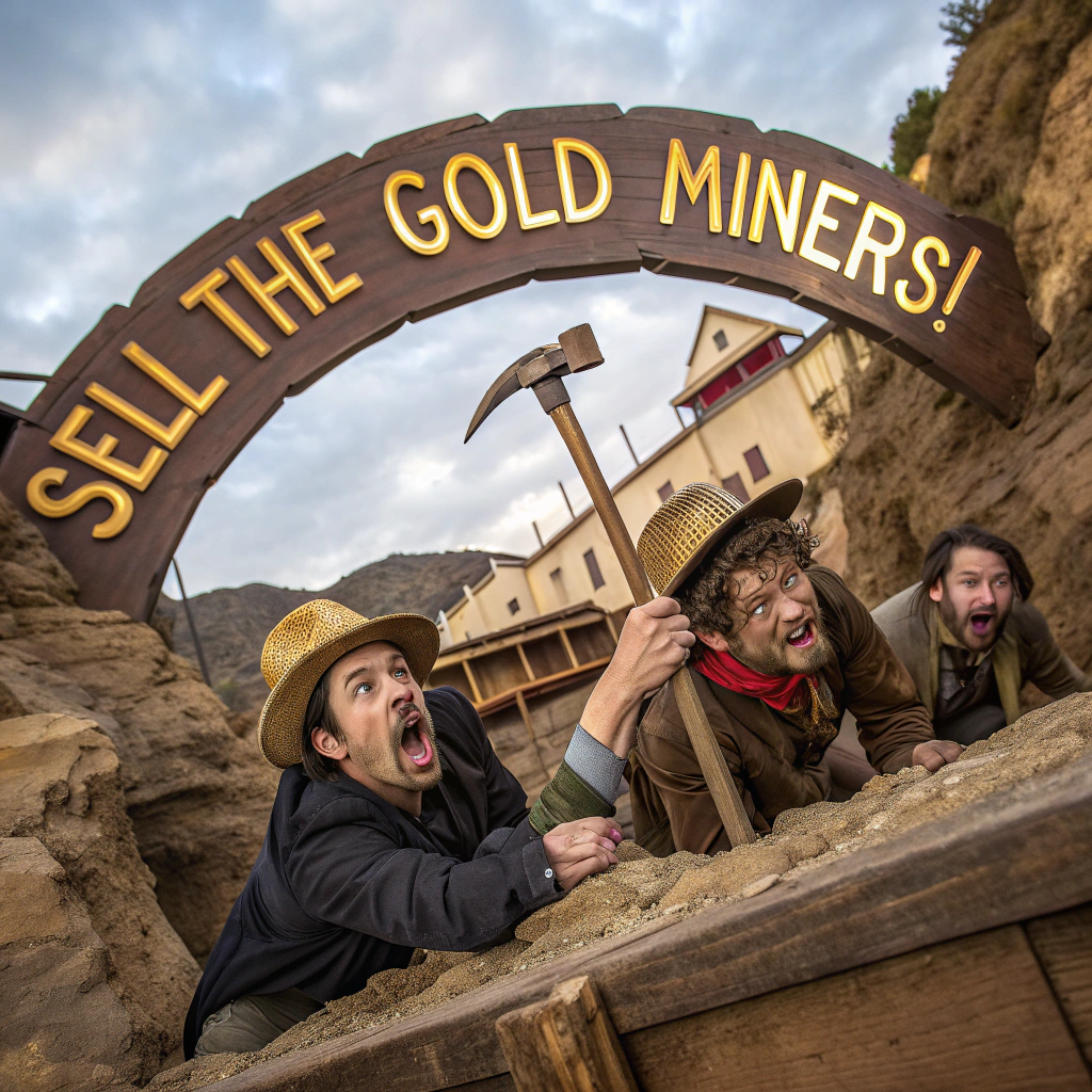 AI generated image by Red Panda AI: gold miners from the 1849 gold rush in America in trouble, the miners are holding pick axes, gold miners scared, gold miners scared, gold miners falling off a cliff, sign says "Sell the Gold Miners!" in old west font