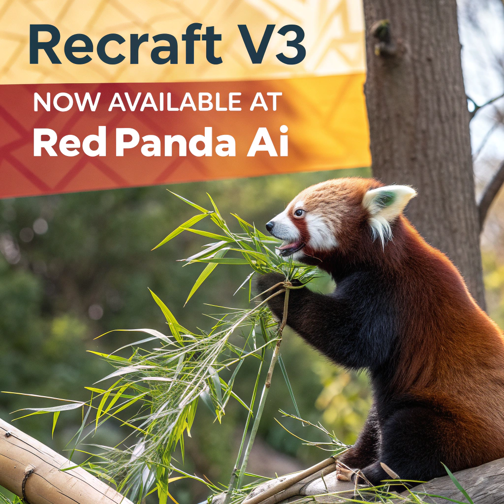 AI generated image by Red Panda AI: a red panda eating a bamboo in front of a poster that says "recraft V3 now available at red panda ai