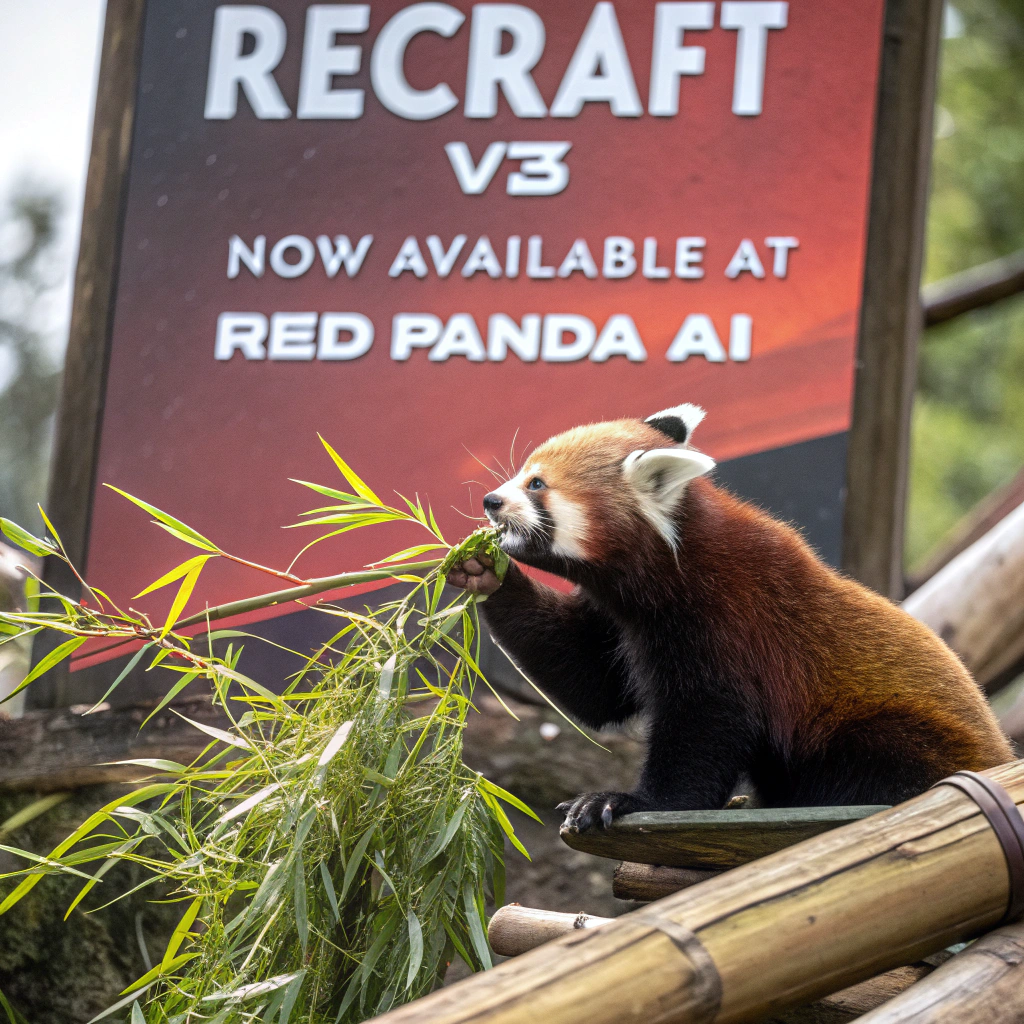 AI generated image by Red Panda AI: a red panda eating a bamboo in front of a poster that says "recraft V3 now available at red panda ai