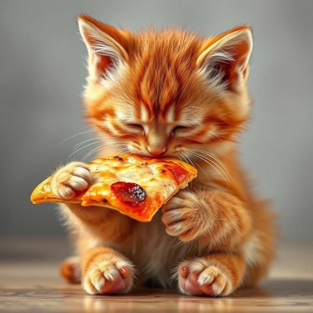 AI generated image by FLUX.1-schnell: A cute red kitten holds a piece of pizza in its paws and takes a bite