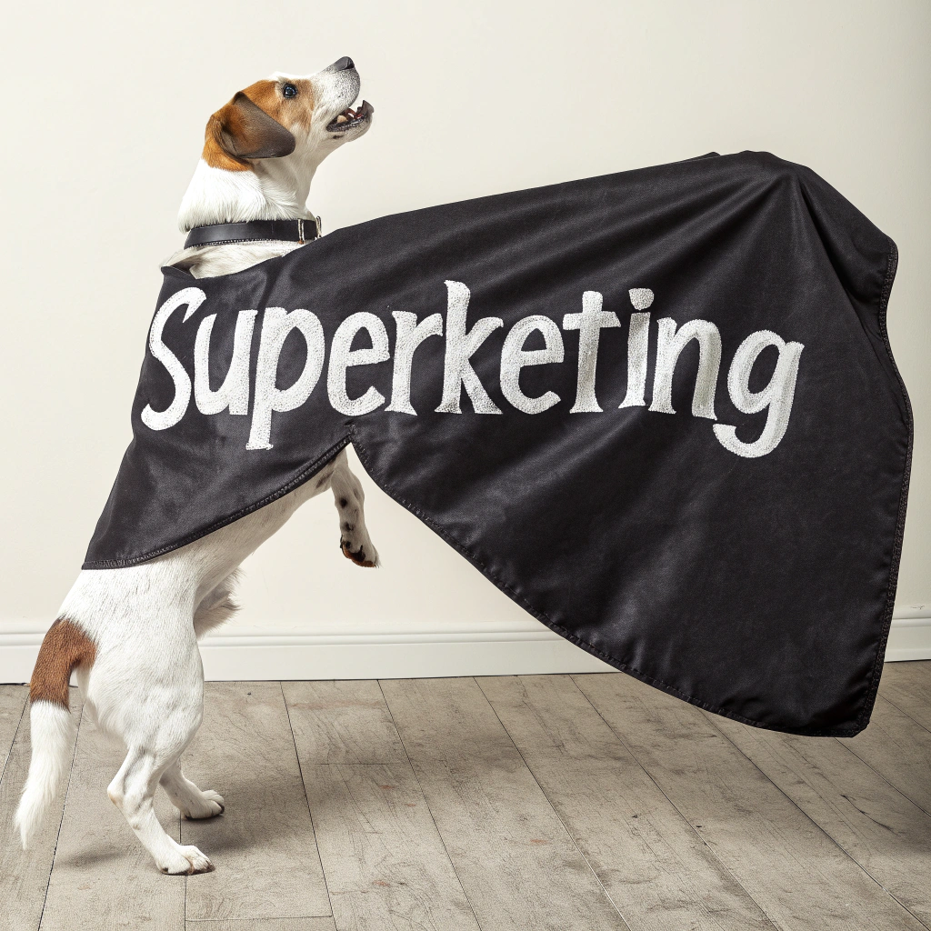 AI generated image by Red Panda AI: una capa de super heroe realista color negro con letras blancas para perro que dise superketing y el perro parado en 2 para su lado dertecho
