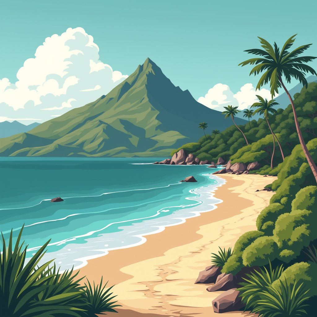 AI generated image by FLUX.1-pro: a one colour vector based illsutration of a beach which leads into a hiking trail which leads to a mountain. the graphic is usable for a travel agency. 2d side view.