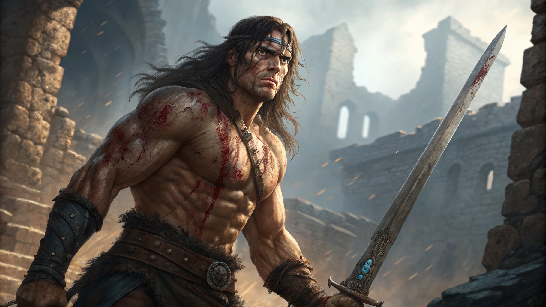 AI generated image by Red Panda AI: A hyperrealistic painting of Conan the Barbarian, muscular handsome and scarred, blue eyes,wielding a large sword, standing amidst the ruins of a crumbling castle,  dramatic lighting, detailed muscles, blood splatter, 8k resolution,