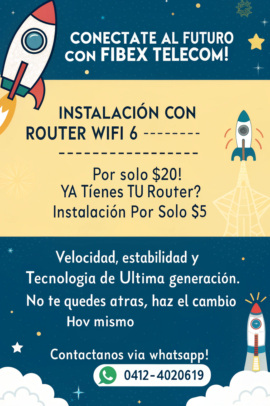 AI generated image by Red Panda AI: 🚀 ¡Conéctate al futuro con FIBEX TELECOM! 🛜💡

🔹 Instalación con Router WiFi 6 🔹 💰 ¡Por solo $20!

🔹 ¿Ya tienes tu router? 🔹 💵 Instalación por solo $5

⚡️ Velocidad, estabilidad y tecnología de última generación. No te quedes atrás, ¡haz el cambio hoy mismo!

📲 Contáctanos vía WhatsApp: 0412-4020619 crea un hermoso post para facebook 