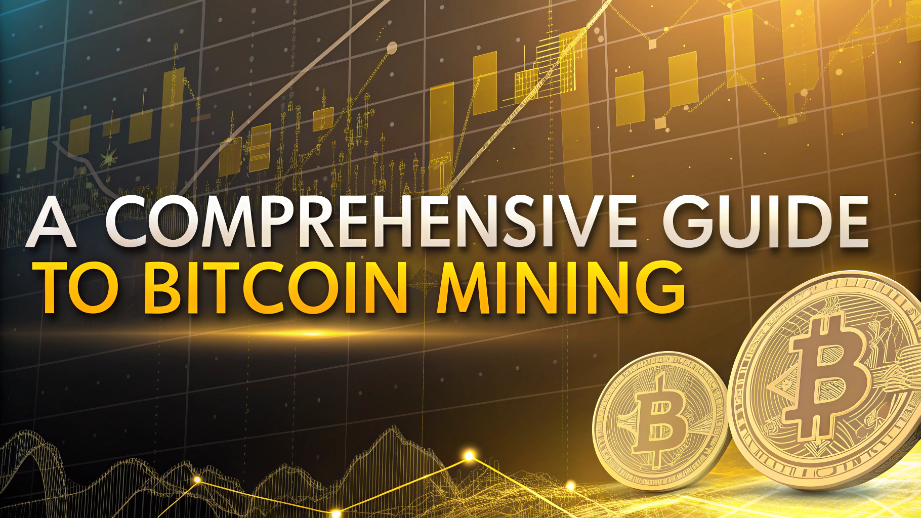 AI generated image by Red Panda AI: Futuristic banner for a blogpost, with golen yellow colors and background like, financial, btc, mining , in a financial article style. Big title "A Comprehensive Guide to Bitcoin Mining" 