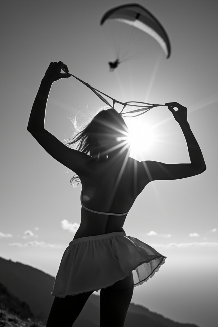 AI generated image by FLUX.1-pro: Black and white photo of naked back woman in short skirt from behind swinging her bra overhead . a paraglider flying above her on background in the Sky. Backlight