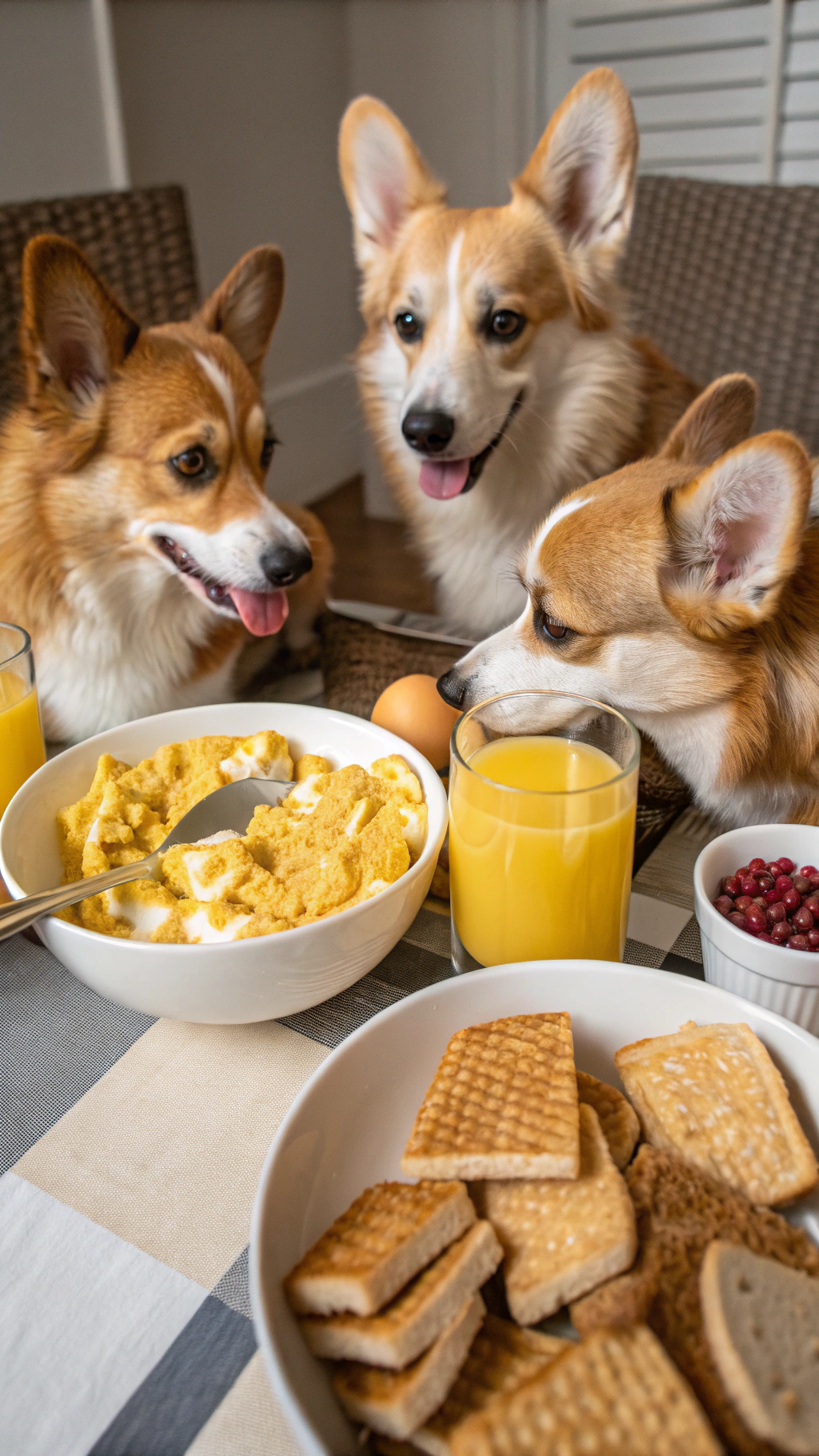 AI generated image by Red Panda AI: real life ultrawide angle closeup video of a dog family of many corgis seated around a dining table eating breakfast with scrambled eggs, orange juice, cereal and toast 