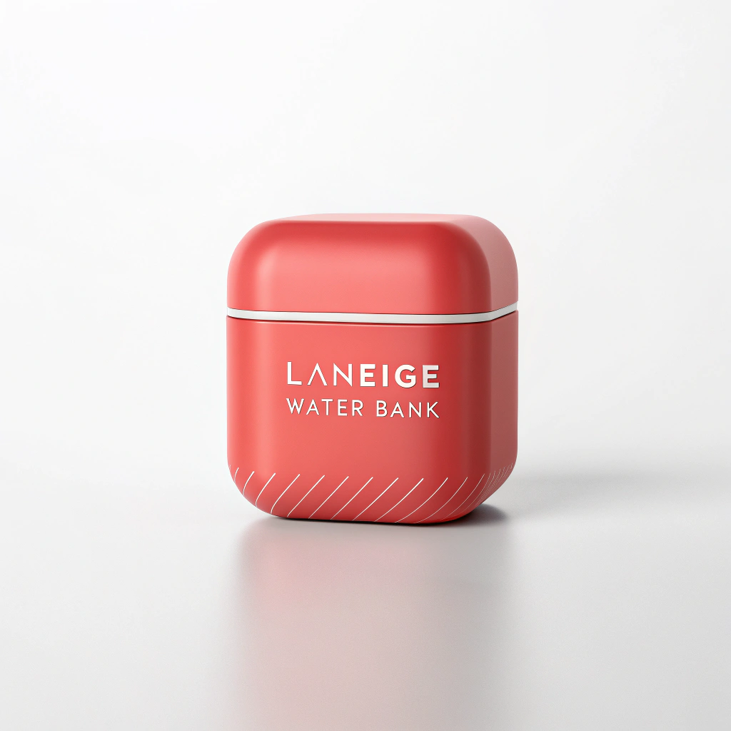 AI generated image by Red Panda AI: 3D render of a modern cosmetic container inspired by Laneige Water Bank, shaped as a red, rounded-corner cube. The midsection opening is defined only by an ultra-thin, nearly invisible seam—no wide metallic strip. A subtle, youthful pattern accents the surface, with clean white typography for the brand and product details, emphasizing a fresh, hydrating skincare concept. Use soft lighting and a clean background to highlight the smooth, minimalist design.
