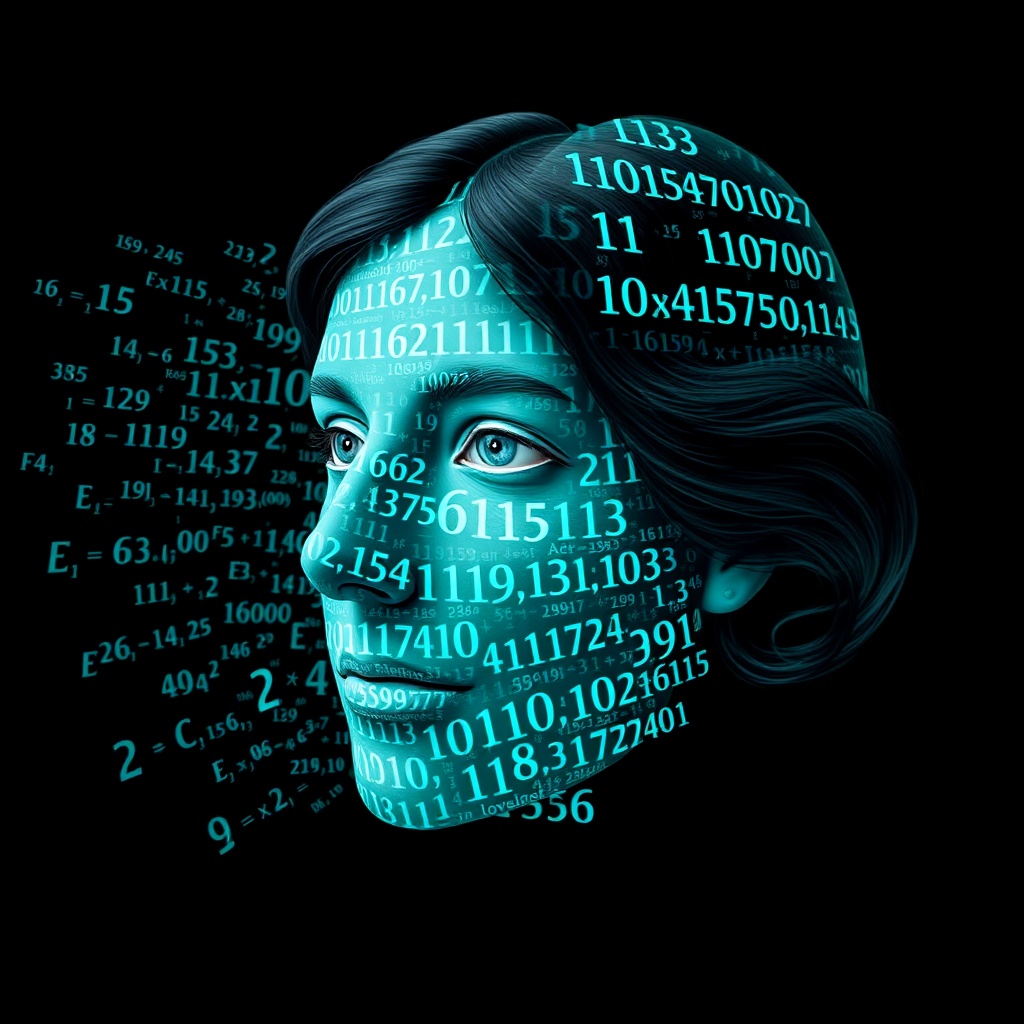 AI generated image by FLUX.1-schnell: Ada Lovelace's face as a digital mask made from thousands of turquoise numbers and formulas forming his face. the formulas and numbers fly behind the mask leaving a trail of complexity. the mask is floating dynamically in mid air. his head is turned to the right but his eyes are looking directly into the camera. the mask is on a black background.  like a png with black only background. photo realistic, sci-fi, human features hair