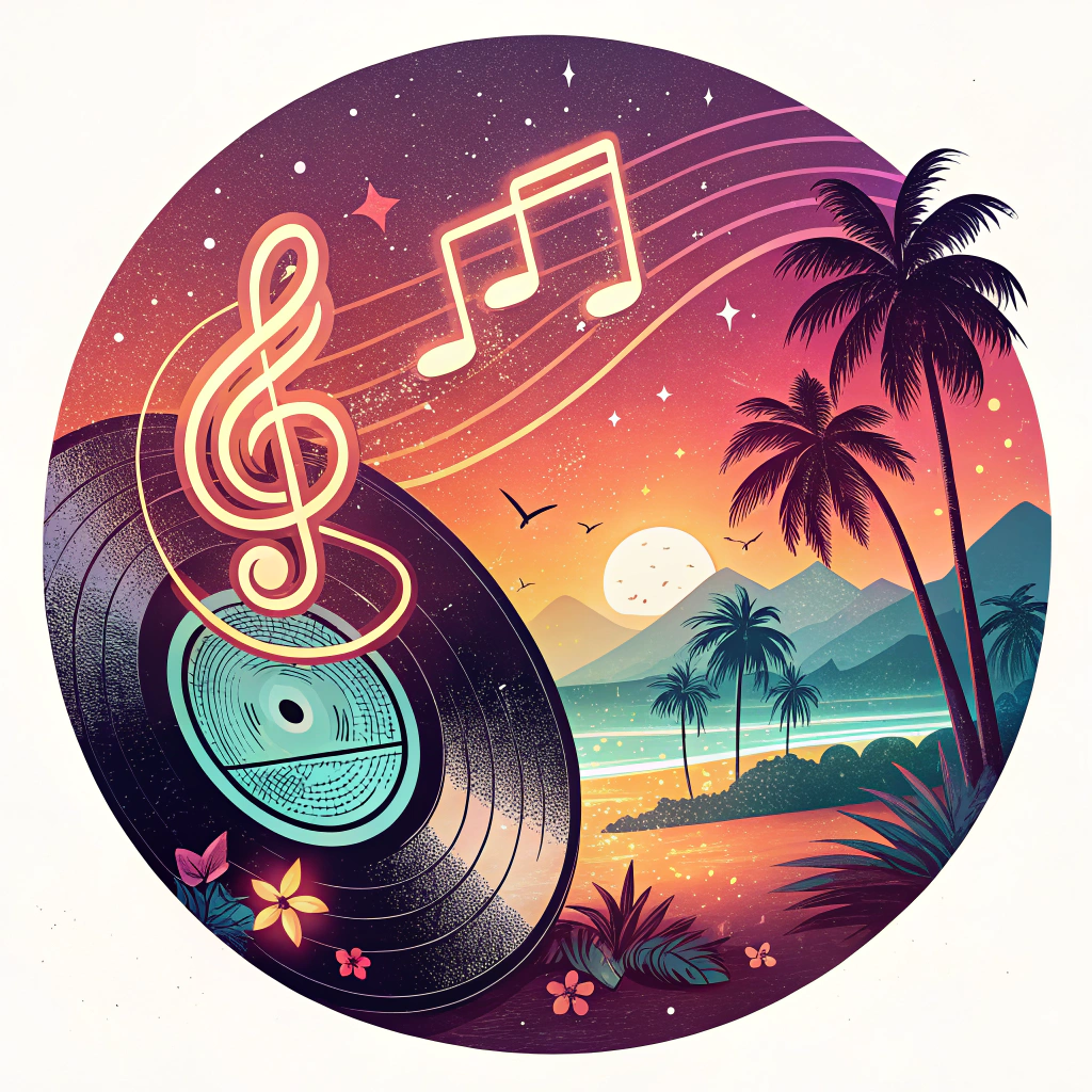 AI generated image by Red Panda AI: Circular logo design in a retro 80s style, featuring a vinyl record that projects glowing musical notes in neon style. The palette includes warm tones that evoke fun and creativity, with soft textures and luminous details that highlight the nostalgic yet vibrant atmosphere of the design.