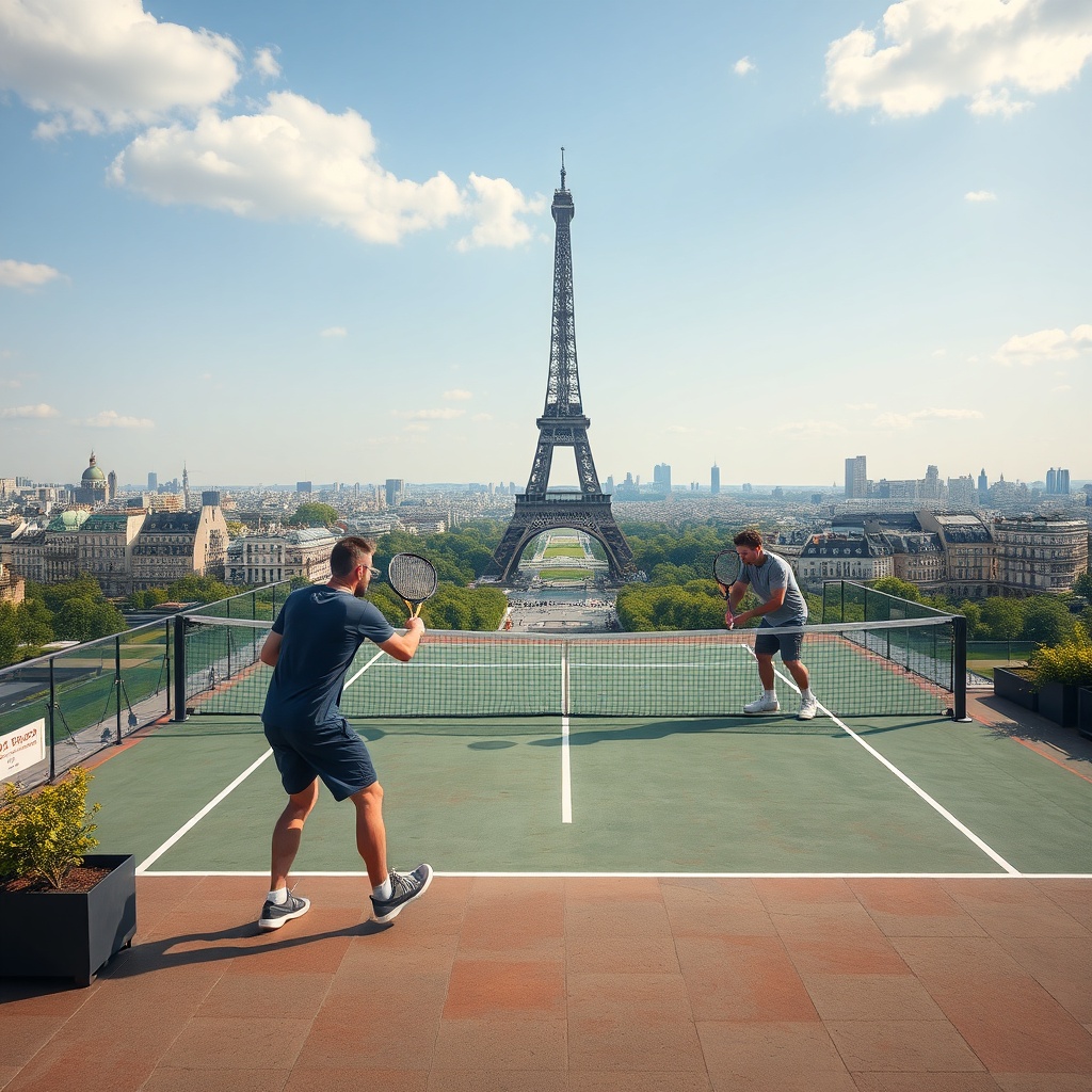 AI generated image by FLUX.1-schnell: Exactly 2 guys playing tennis (not discussing or doing something else), on a large, private rooftop terrace or a temporary platform converted to a tennis court, built on the Champ de Mars (the lawn beneath the Eiffel Tower) in Paris, France. A fantastic view of Paris below.   One guy on one side of the net, the other on the other side of the net.