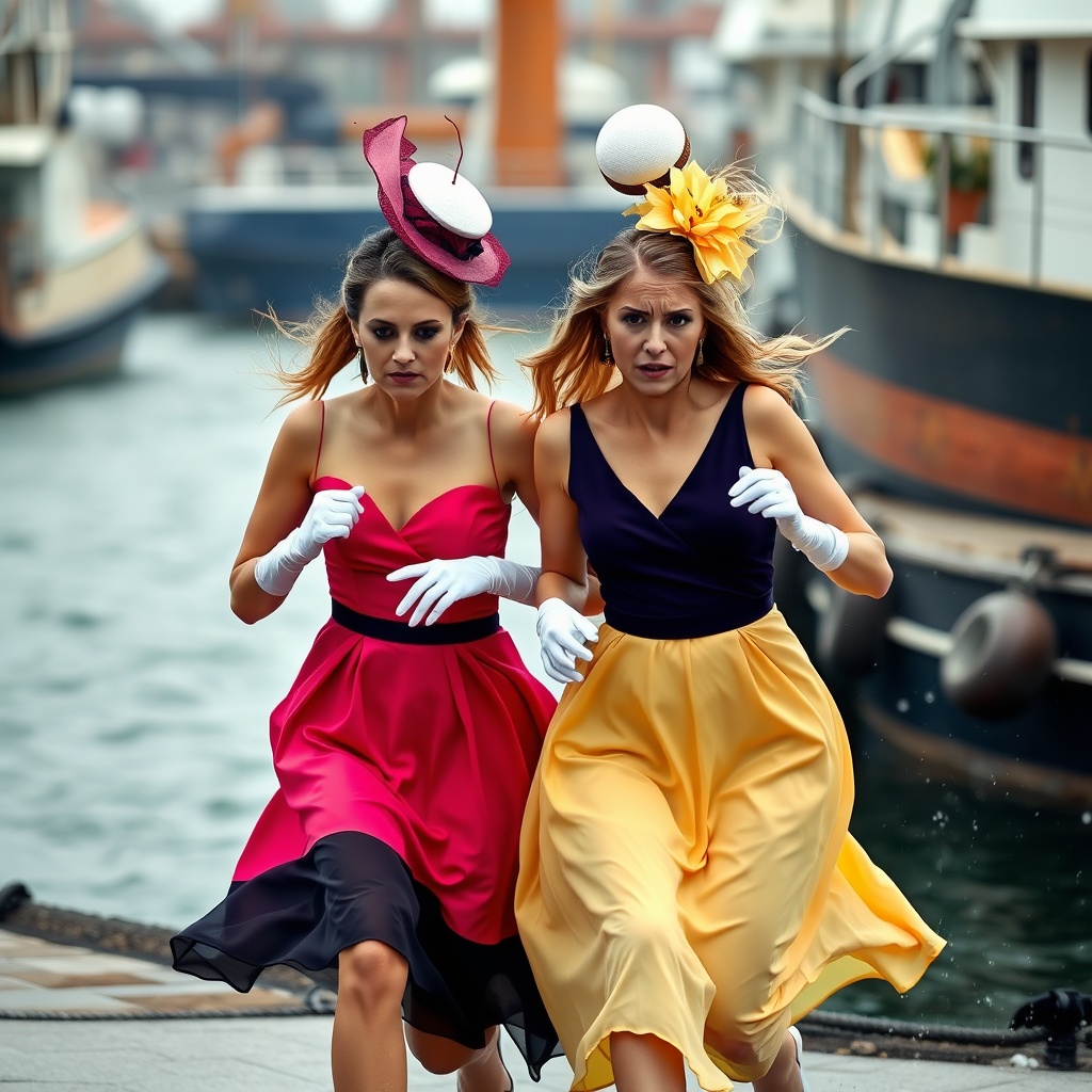 AI generated image by FLUX.1-schnell: Two posh female wedding guests are running sad and scared in a dangerous port wearing coloured posh mini dresses and silky gloves. Descending to the ground, two posh hats are blowing off their heads behind in the background.
