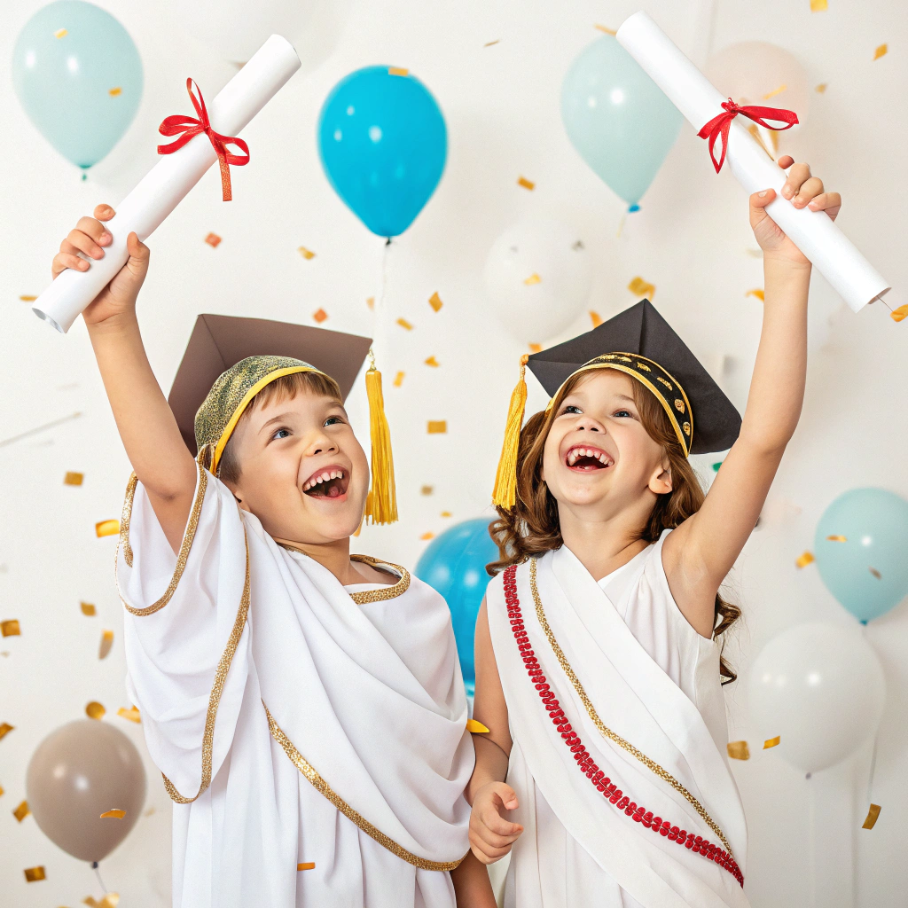 AI generated image by Red Panda AI: niño y niña animados, super felices con un traje de toga, para una graducacion