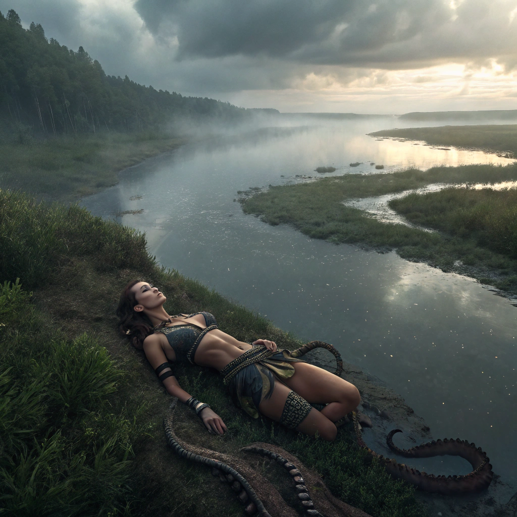AI generated image by Red Panda AI: A female warrior lies exhausted and awith loin cloth on the river bank after being defeated by slimy tentacle with suction naps. The tentacle is crawling over her body. Her body is also glistening with water. There is a misty veil over the water. The cinematic view if from above