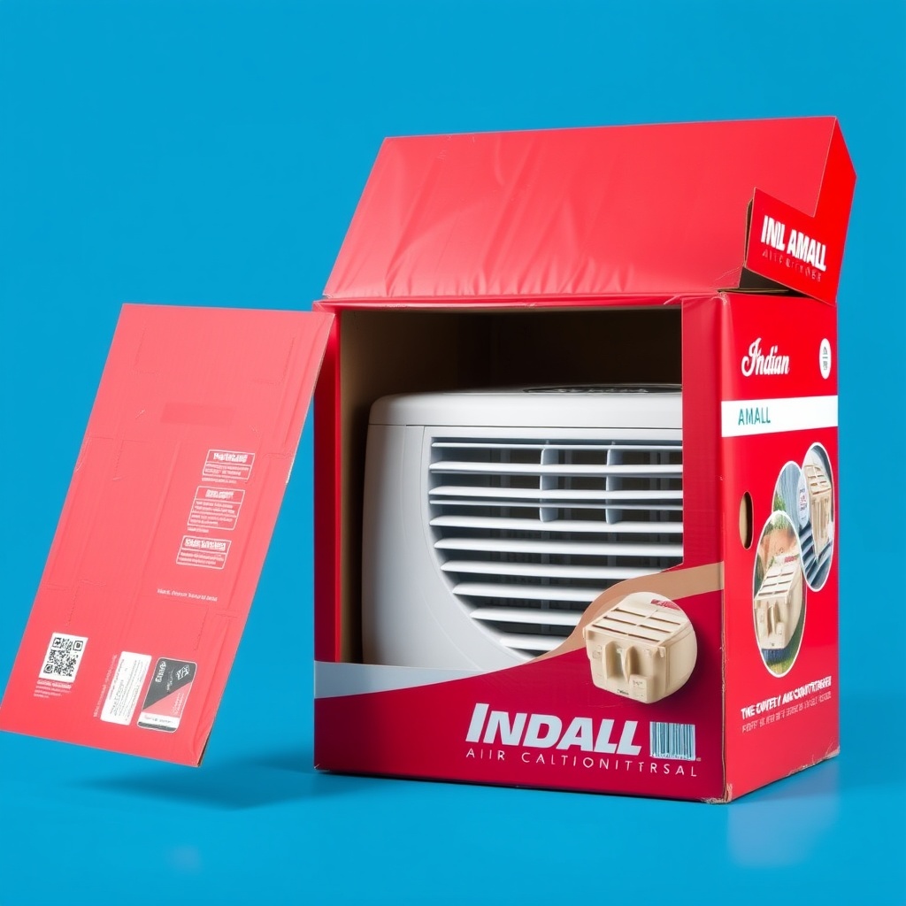 AI generated image by FLUX.1-schnell: A RED packaging box for a air conditioner, partially open to reveal one INDIAN AMALL air conditioner inside. The background is a solid blue color
